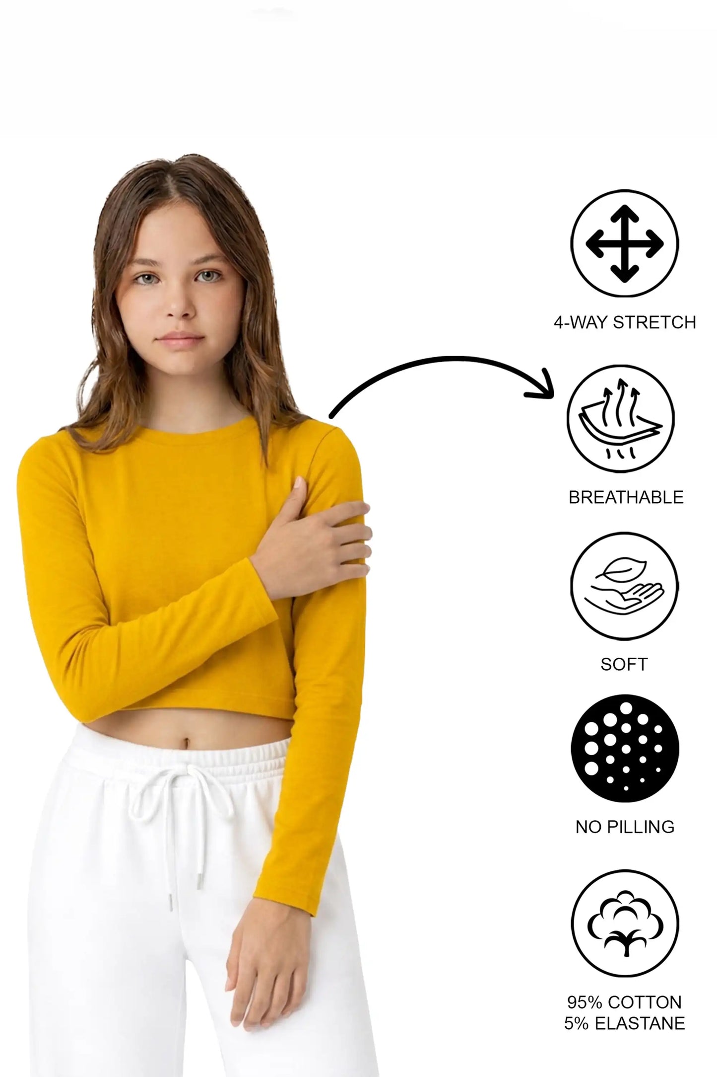 Girls' Long Sleeve Crop Top – Soft Cotton, 4-Way Stretch, Breathable Everyday Tee