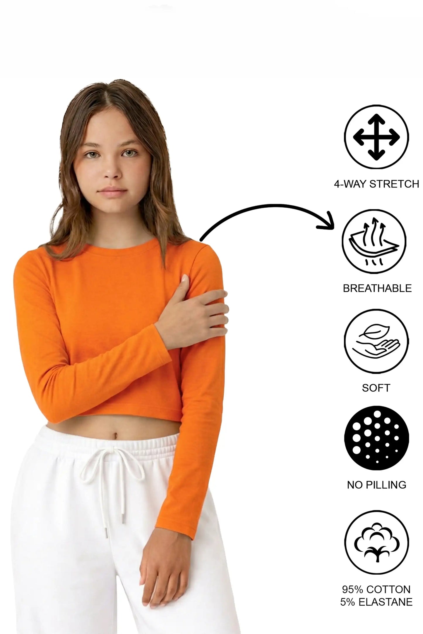 Girls' Long Sleeve Crop Top – Soft Cotton, 4-Way Stretch, Breathable Everyday Tee