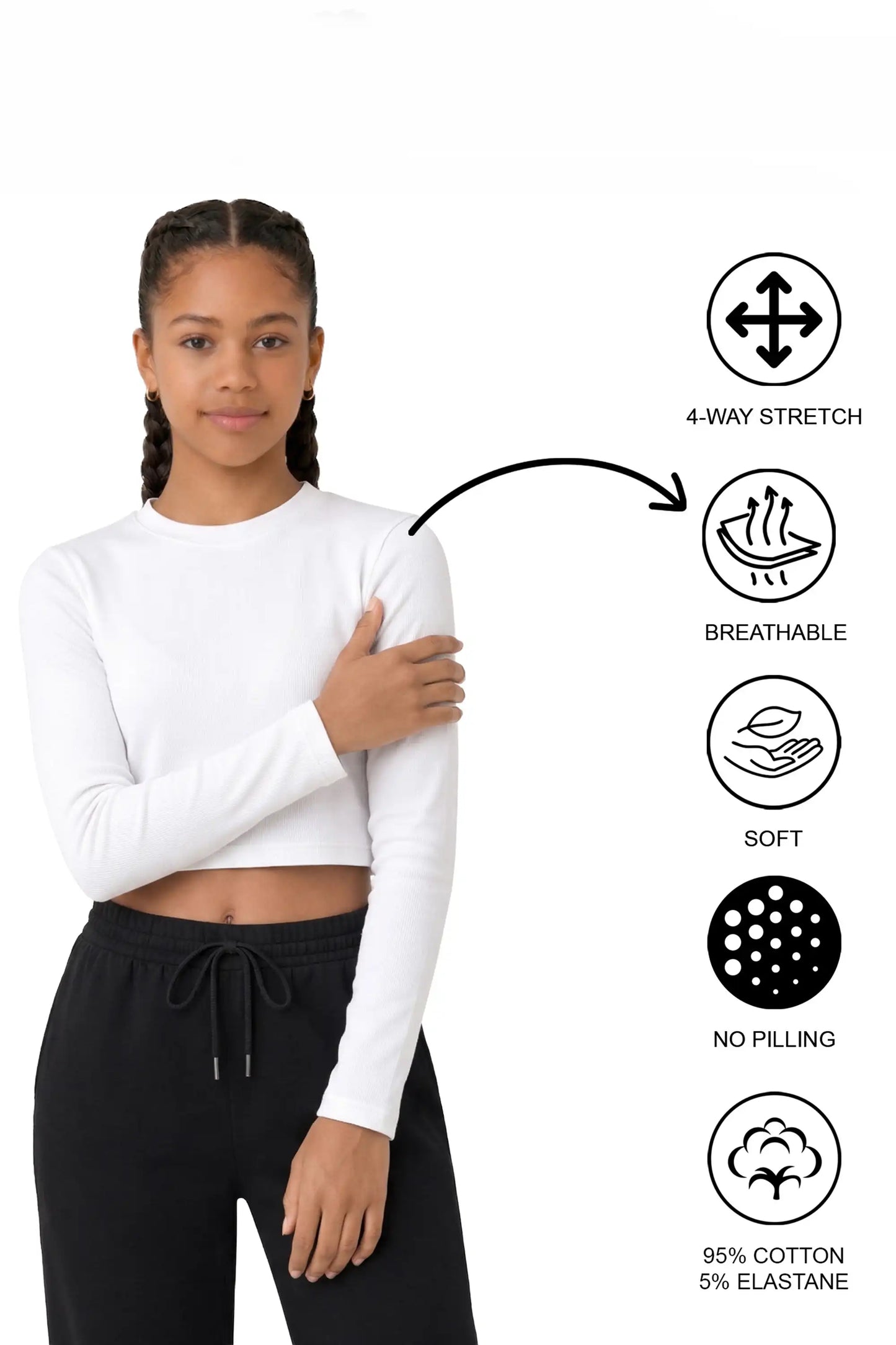 Girls' Long Sleeve Crop Top – Soft Cotton, 4-Way Stretch, Breathable Everyday Tee