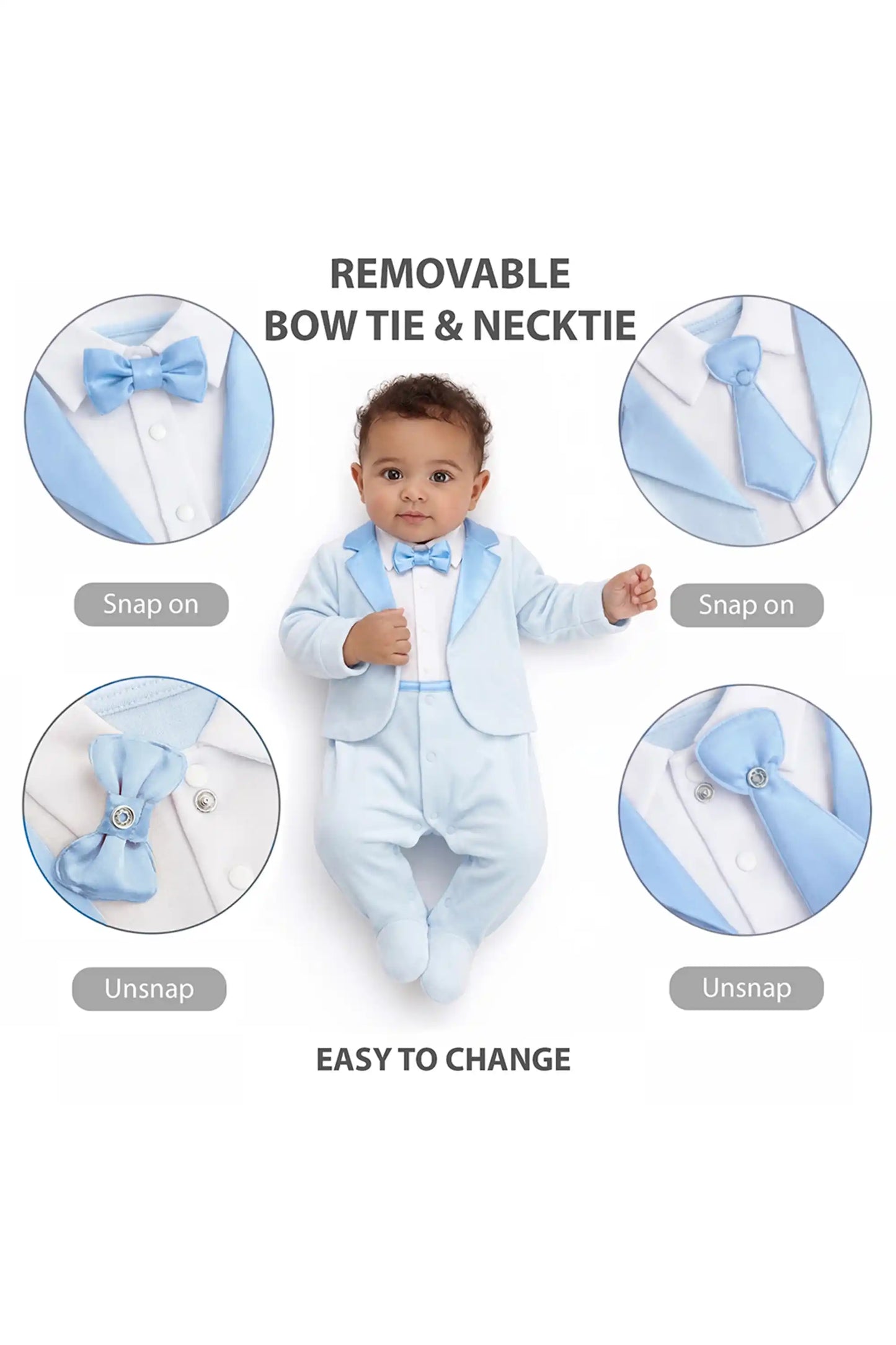 Baby Boy Tuxedo Romper Suit | Bow Tie & Necktie | 100% Cotton Footed Coverall