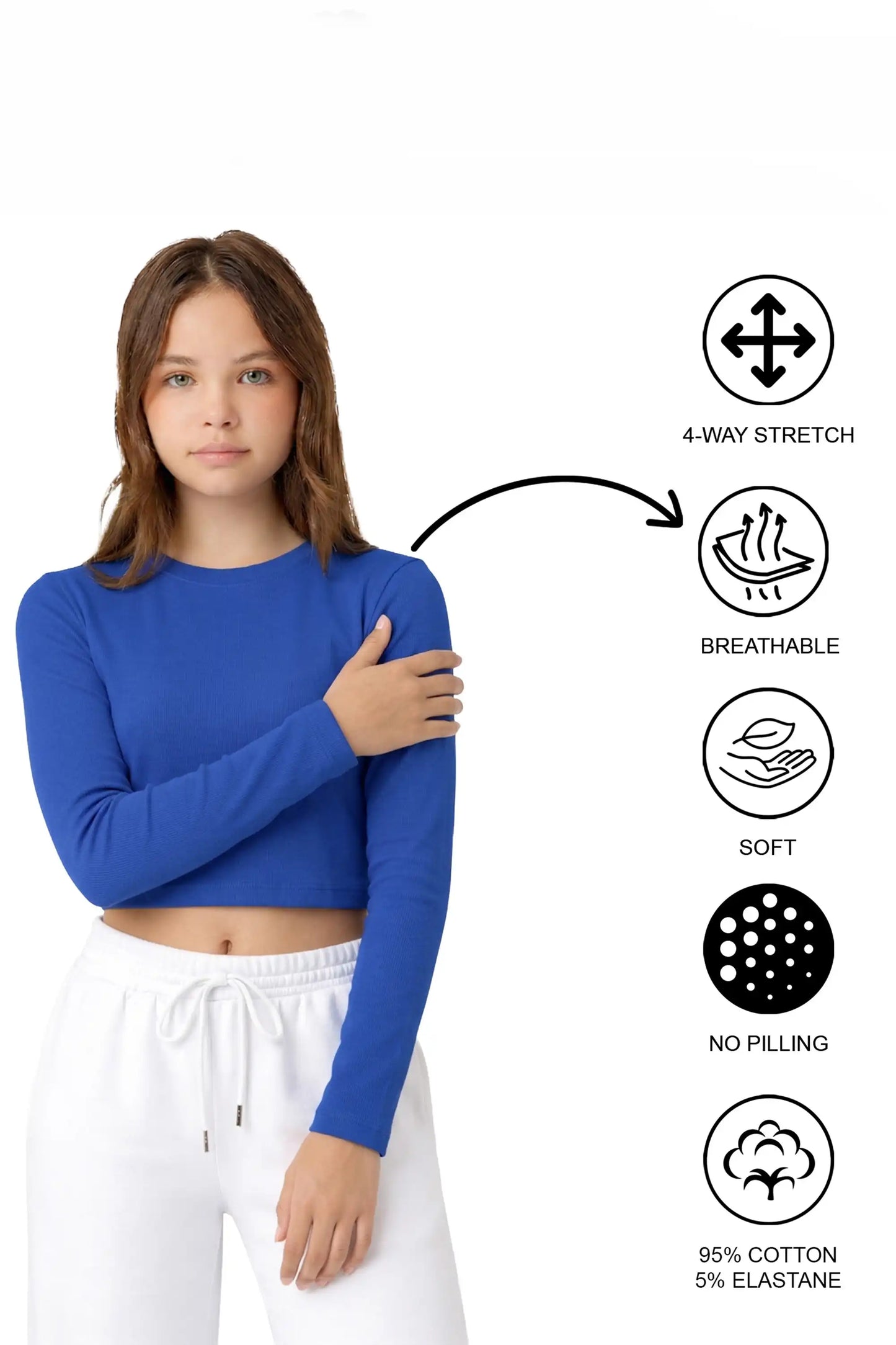 Girls' Long Sleeve Crop Top – Soft Cotton, 4-Way Stretch, Breathable Everyday Tee