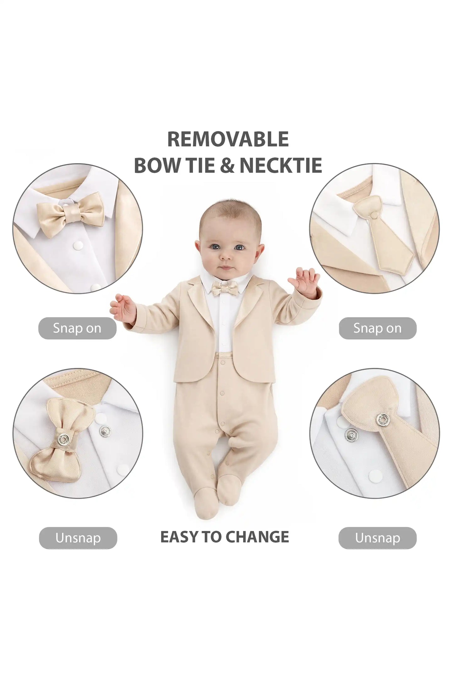 Baby Boy Tuxedo Romper Suit | Bow Tie & Necktie | 100% Cotton Footed Coverall
