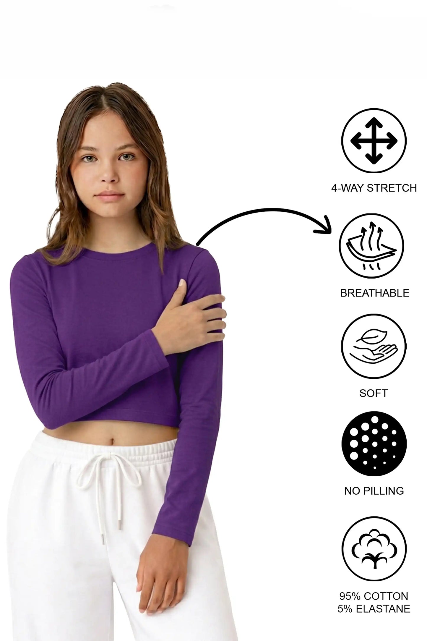 Girls' Long Sleeve Crop Top – Soft Cotton, 4-Way Stretch, Breathable Everyday Tee