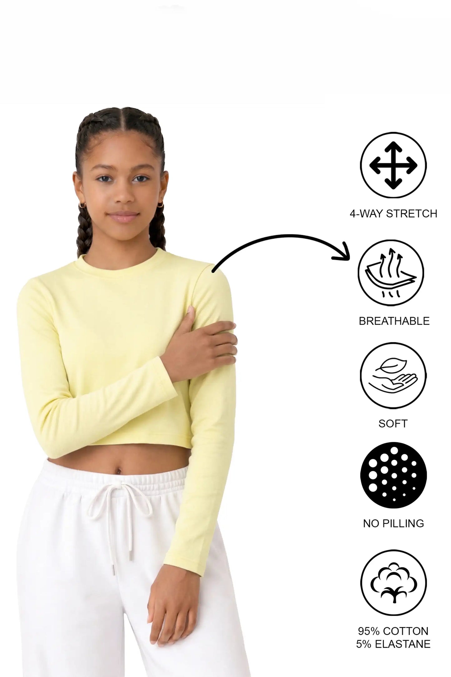 Girls' Long Sleeve Crop Top – Soft Cotton, 4-Way Stretch, Breathable Everyday Tee