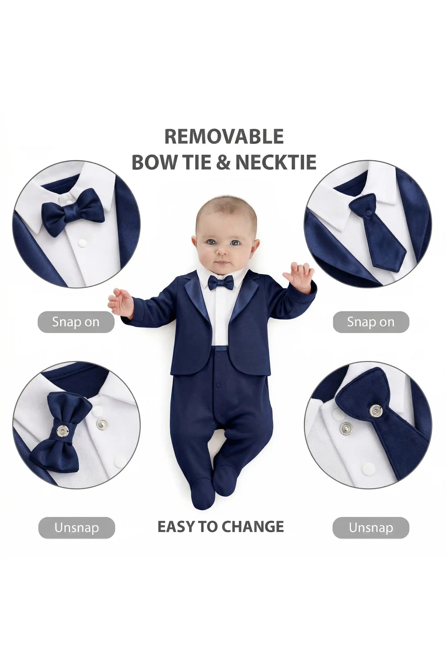 Baby Boy Tuxedo Romper Suit | Bow Tie & Necktie | 100% Cotton Footed Coverall