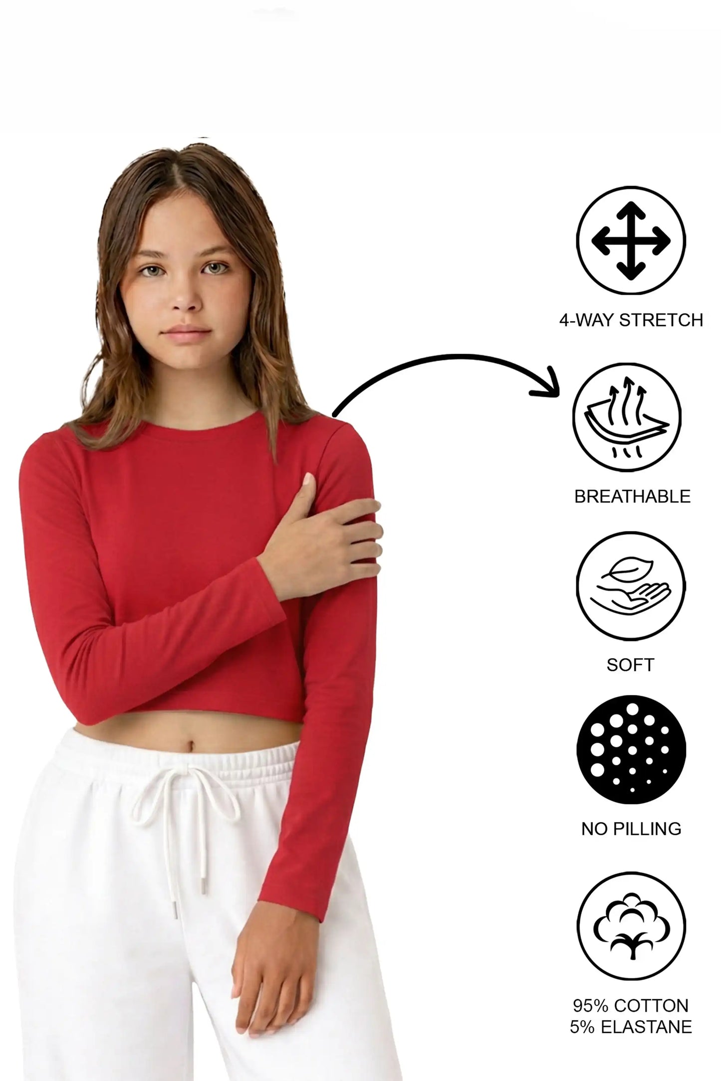 Girls' Long Sleeve Crop Top – Soft Cotton, 4-Way Stretch, Breathable Everyday Tee
