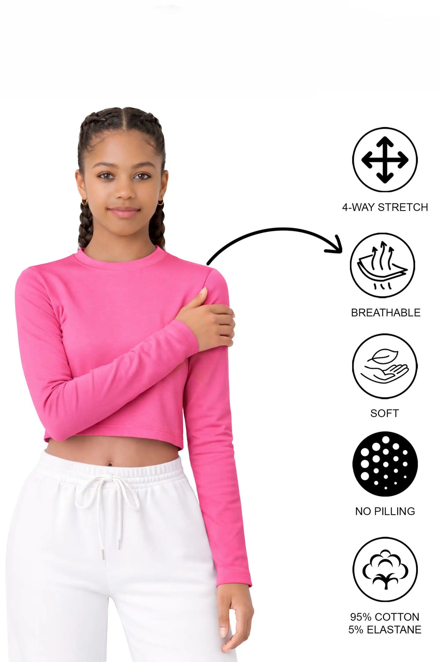 Girls' Long Sleeve Crop Top – Soft Cotton, 4-Way Stretch, Breathable Everyday Tee
