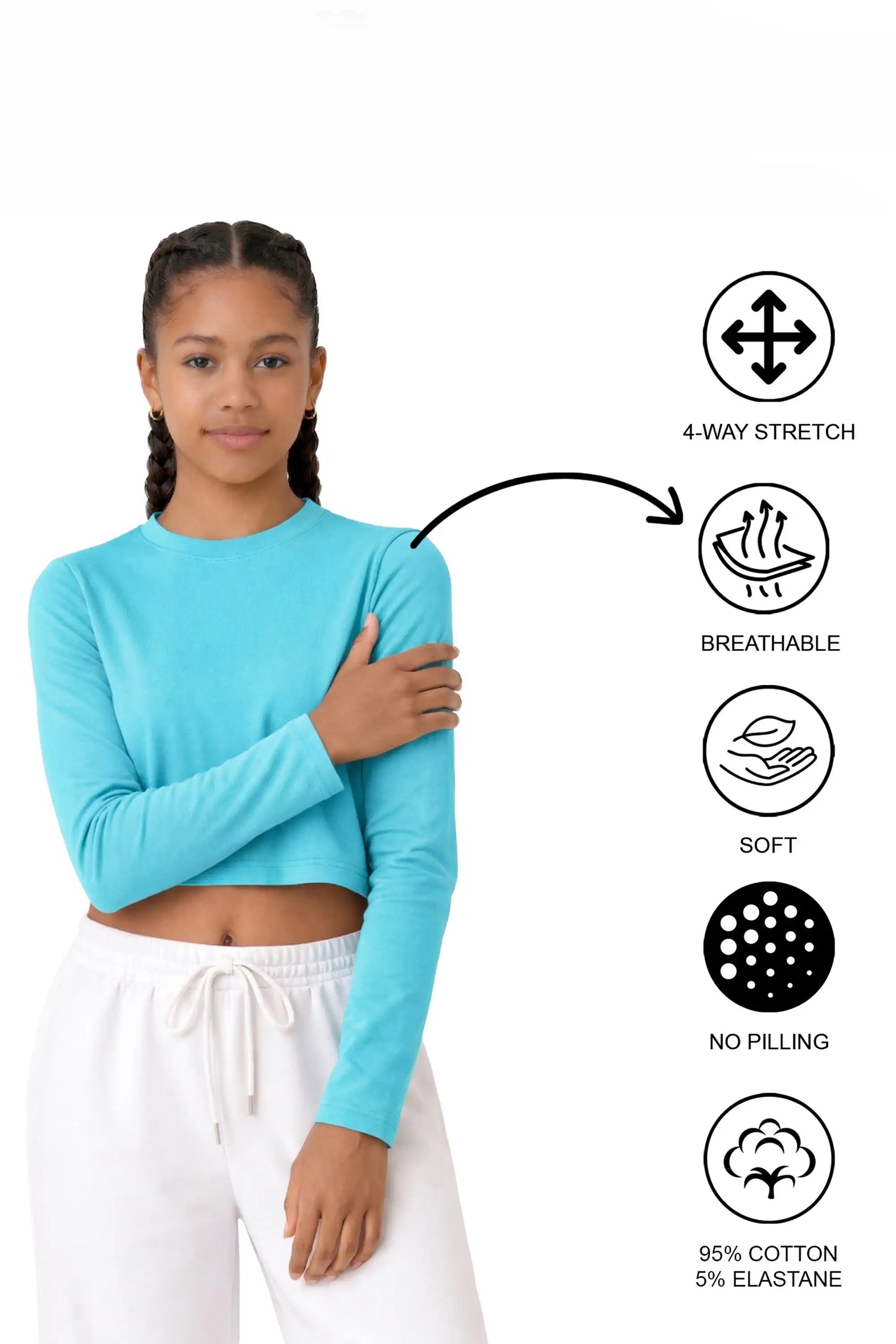 Girls' Long Sleeve Crop Top – Soft Cotton, 4-Way Stretch, Breathable Everyday Tee