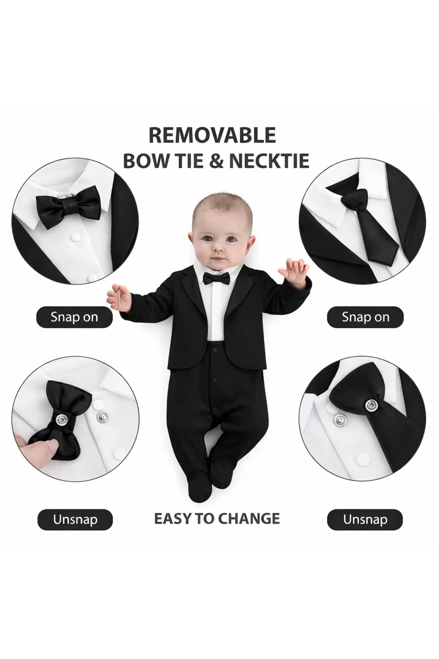 Baby Boy Tuxedo Romper Suit | Bow Tie & Necktie | 100% Cotton Footed Coverall