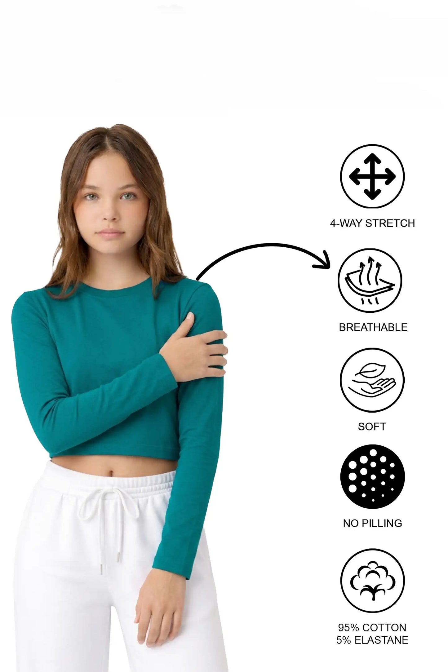 Girls' Long Sleeve Crop Top – Soft Cotton, 4-Way Stretch, Breathable Everyday Tee