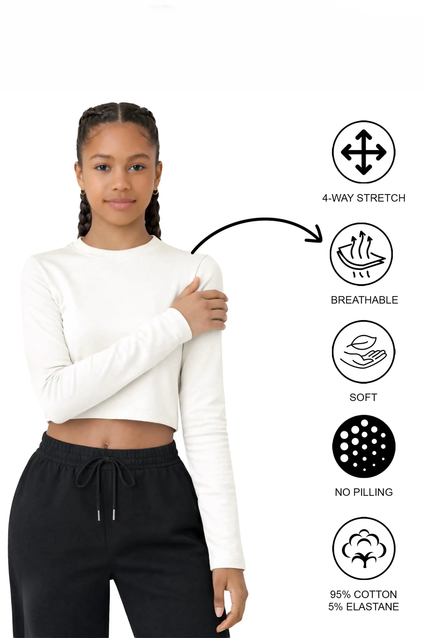 Girls' Long Sleeve Crop Top – Soft Cotton, 4-Way Stretch, Breathable Everyday Tee
