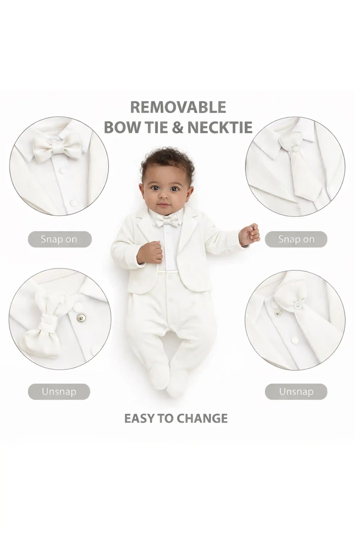 Baby Boy Tuxedo Romper Suit | Bow Tie & Necktie | 100% Cotton Footed Coverall