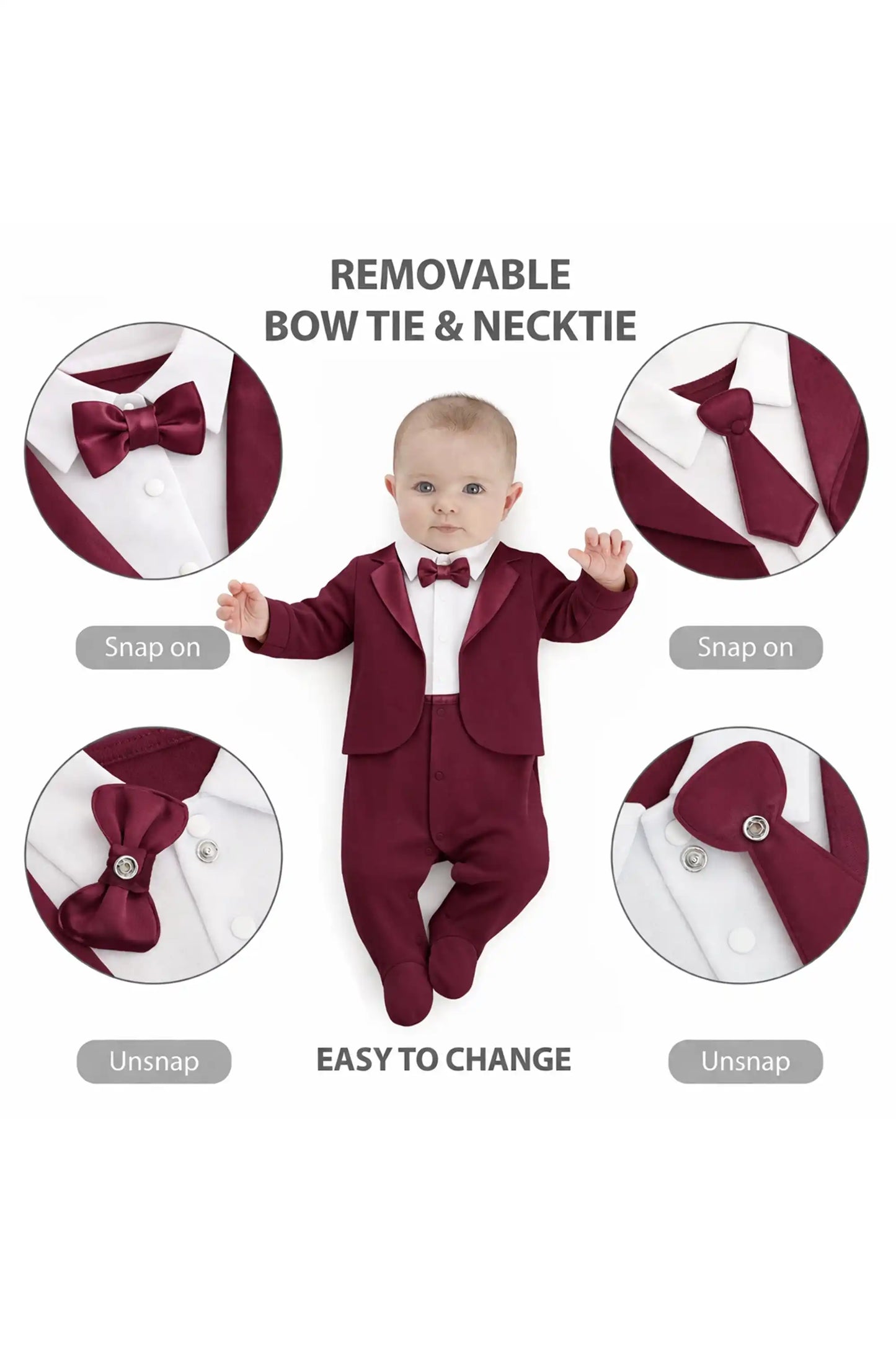 Baby Boy Tuxedo Romper Suit | Bow Tie & Necktie | 100% Cotton Footed Coverall
