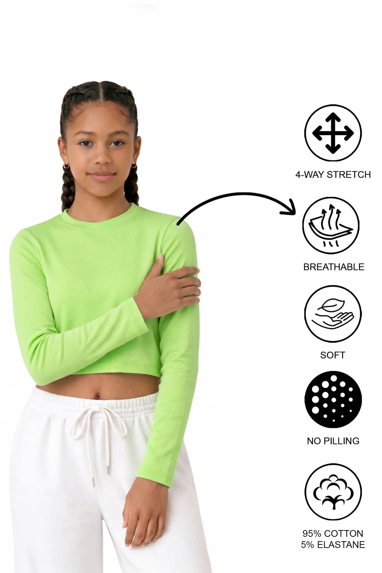 Girls' Long Sleeve Crop Top – Soft Cotton, 4-Way Stretch, Breathable Everyday Tee