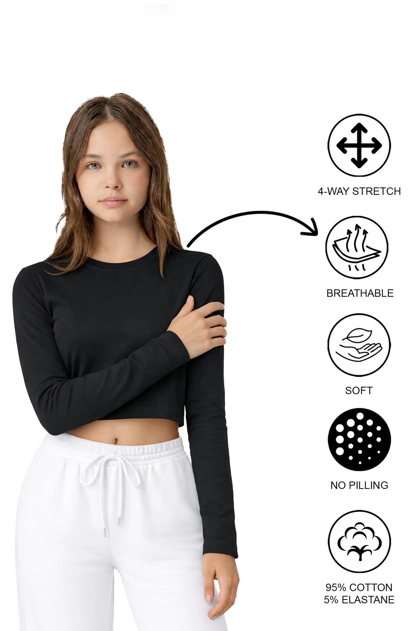 Girls' Long Sleeve Crop Top – Soft Cotton, 4-Way Stretch, Breathable Everyday Tee