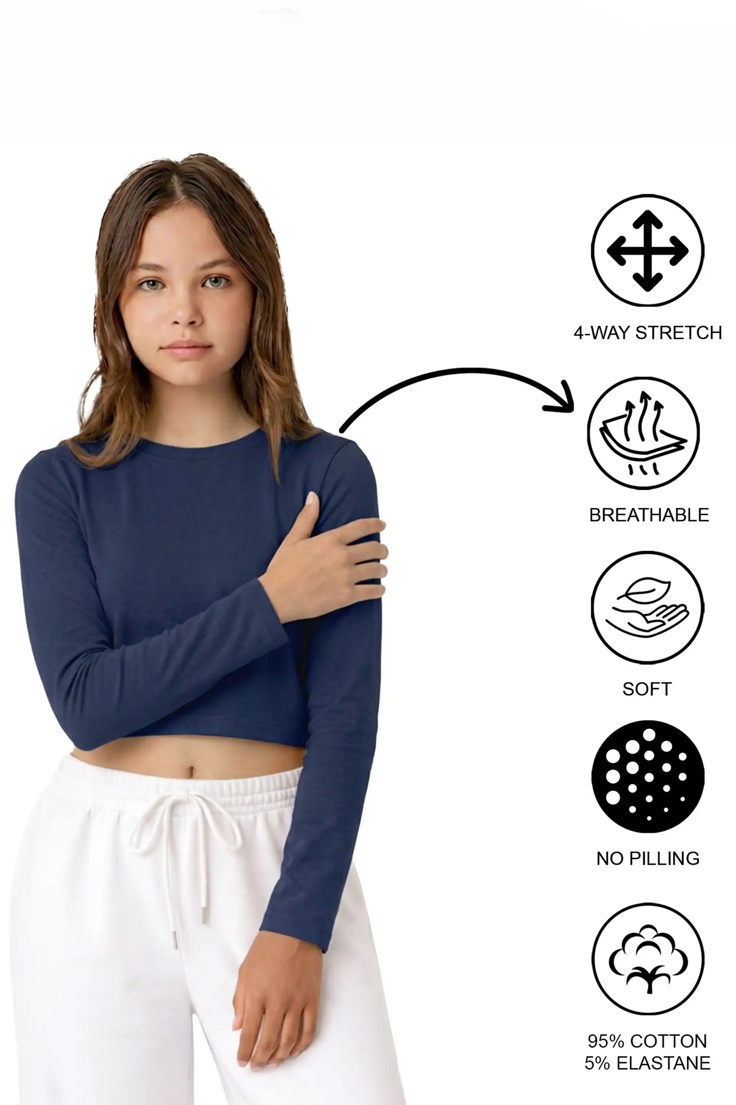 Girls' Long Sleeve Crop Top – Soft Cotton, 4-Way Stretch, Breathable Everyday Tee