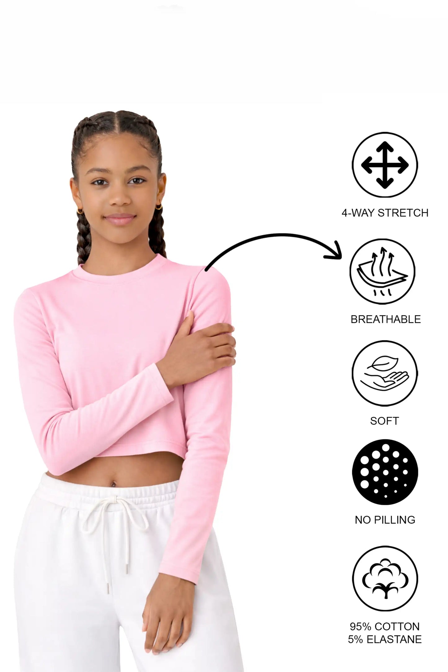 Girls' Long Sleeve Crop Top – Soft Cotton, 4-Way Stretch, Breathable Everyday Tee