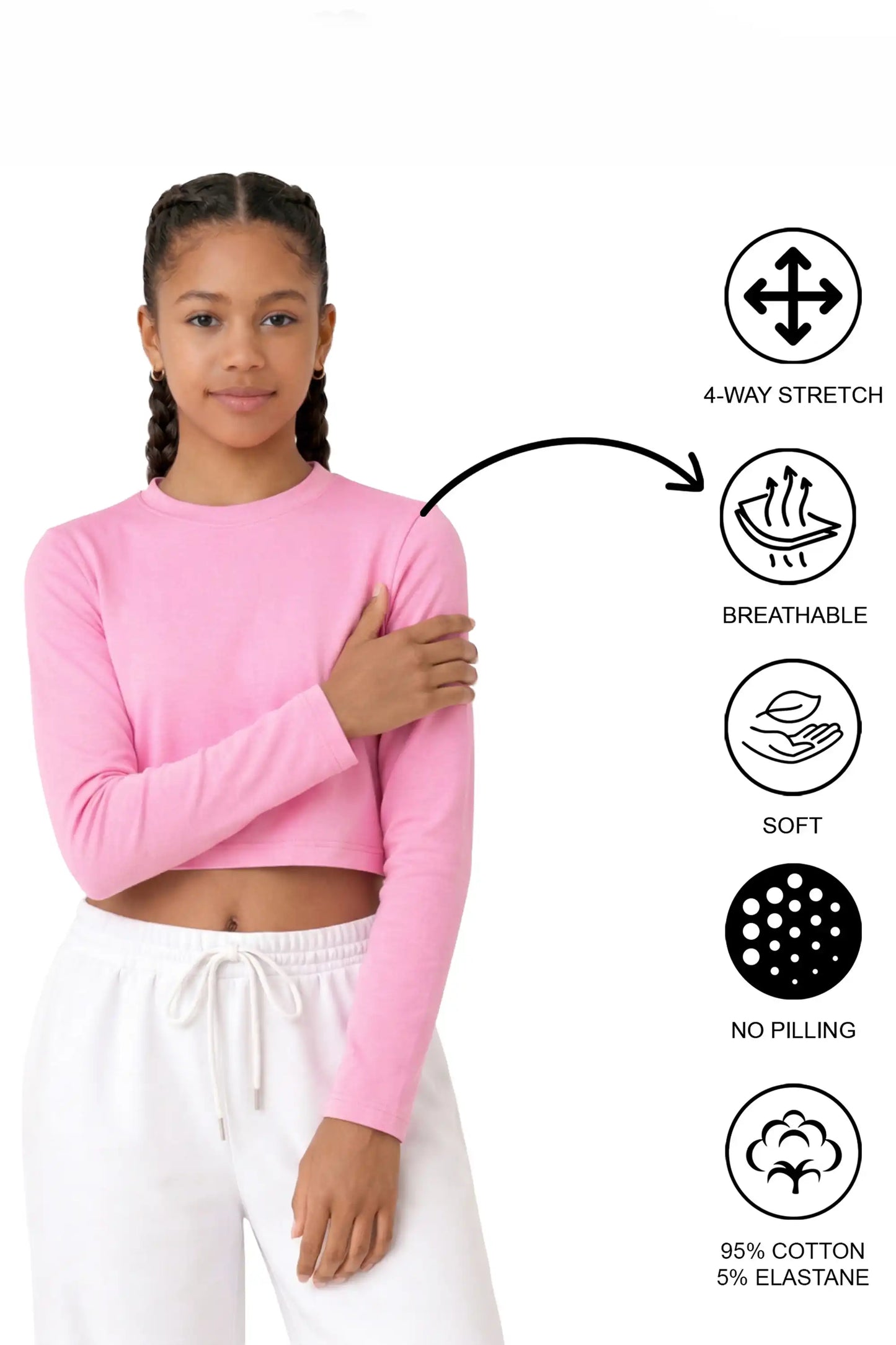 Girls' Long Sleeve Crop Top – Soft Cotton, 4-Way Stretch, Breathable Everyday Tee