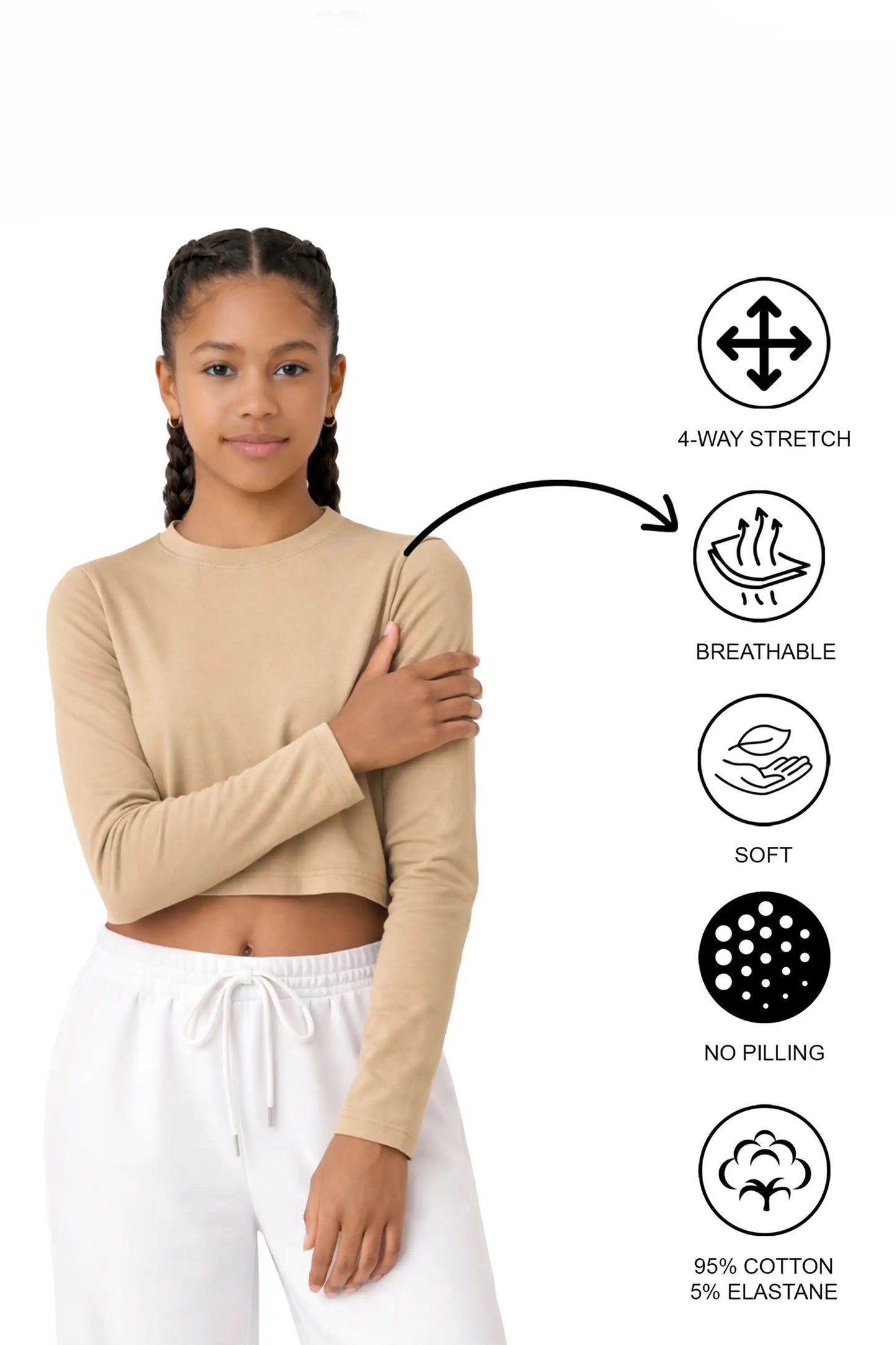 Girls' Long Sleeve Crop Top – Soft Cotton, 4-Way Stretch, Breathable Everyday Tee