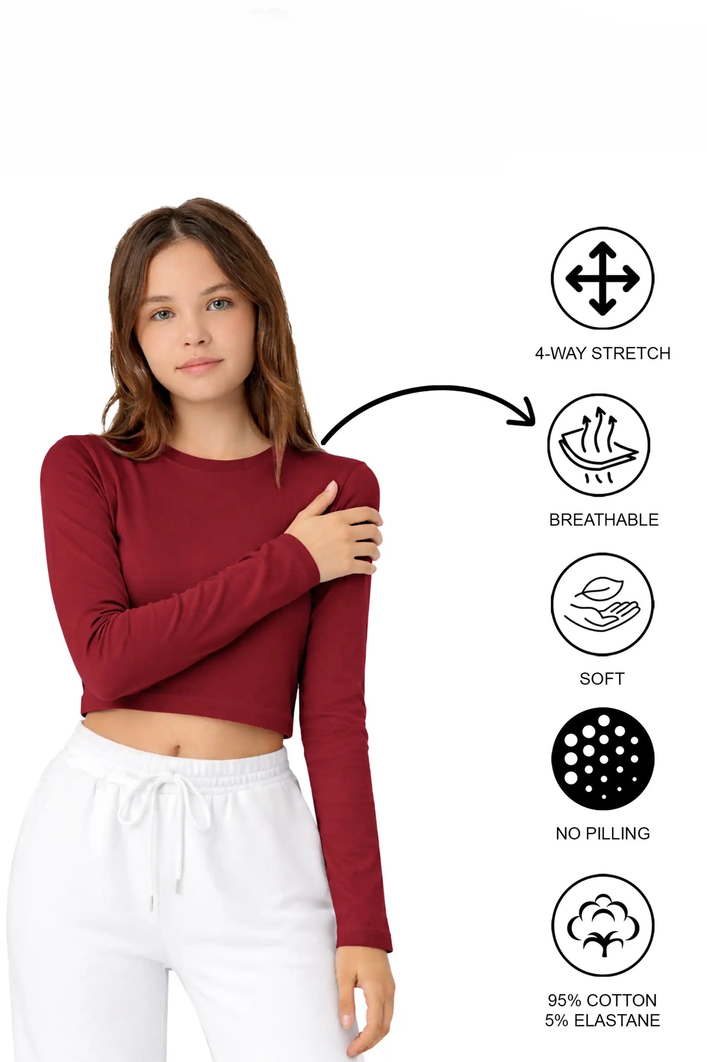 Girls' Long Sleeve Crop Top – Soft Cotton, 4-Way Stretch, Breathable Everyday Tee