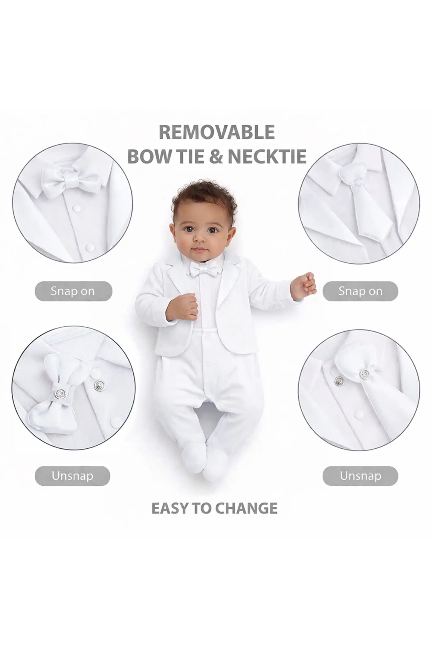 Baby Boy Tuxedo Romper Suit | Bow Tie & Necktie | 100% Cotton Footed Coverall
