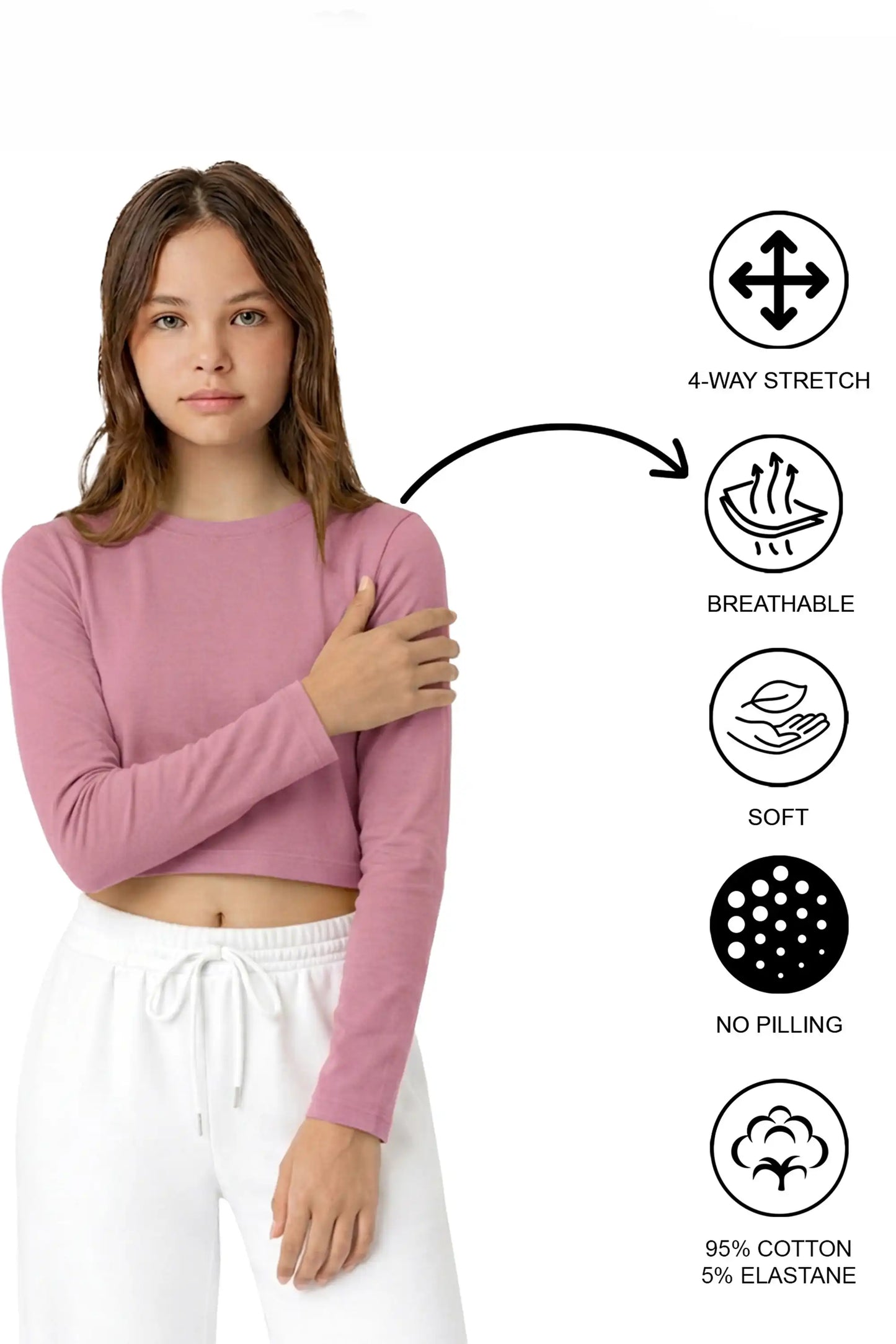 Girls' Long Sleeve Crop Top – Soft Cotton, 4-Way Stretch, Breathable Everyday Tee