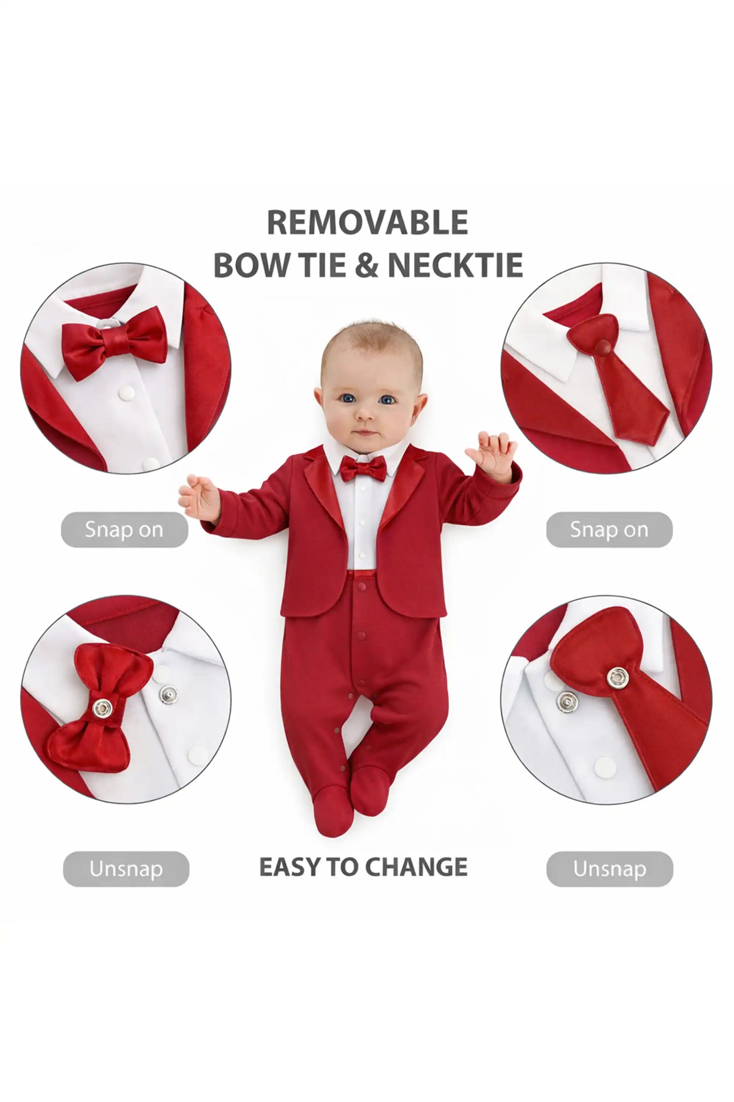 Baby Boy Tuxedo Romper Suit | Bow Tie & Necktie | 100% Cotton Footed Coverall