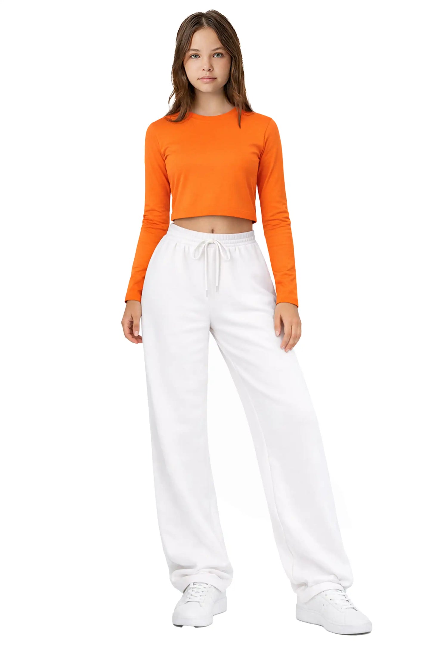 Girls' Long Sleeve Crop Top – Soft Cotton, 4-Way Stretch, Breathable Everyday Tee