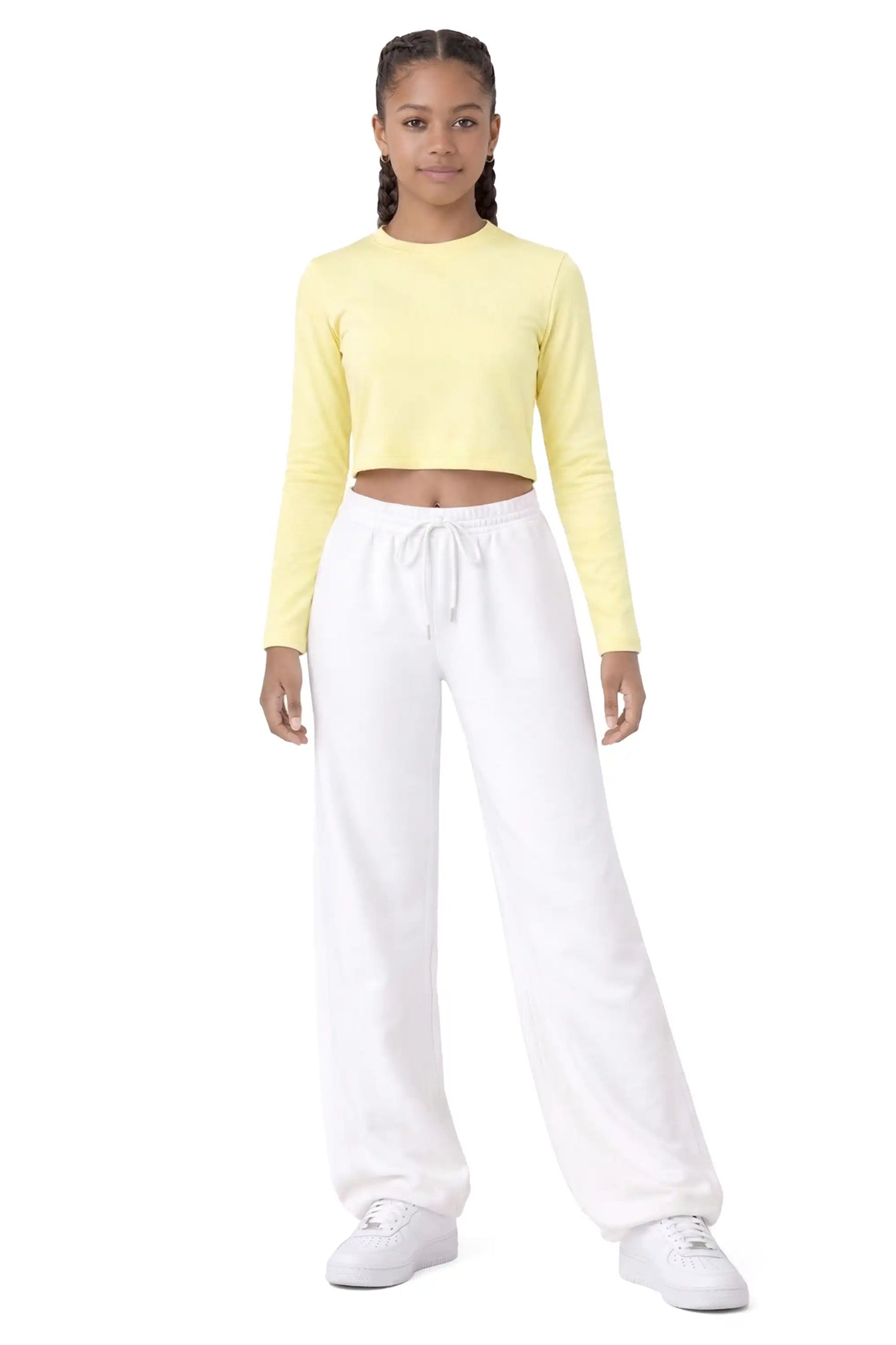 Girls' Long Sleeve Crop Top – Soft Cotton, 4-Way Stretch, Breathable Everyday Tee