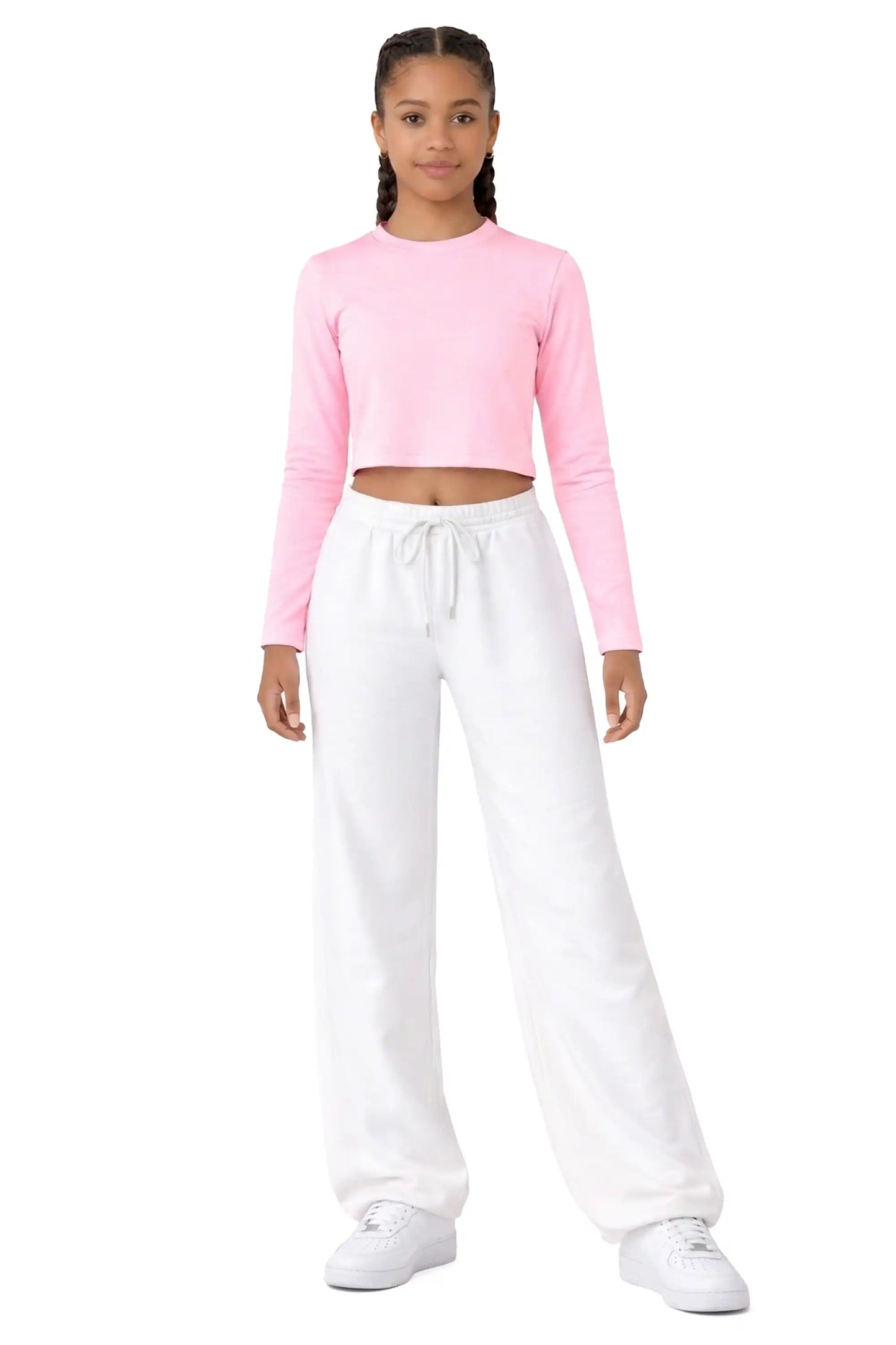 Girls' Long Sleeve Crop Top – Soft Cotton, 4-Way Stretch, Breathable Everyday Tee