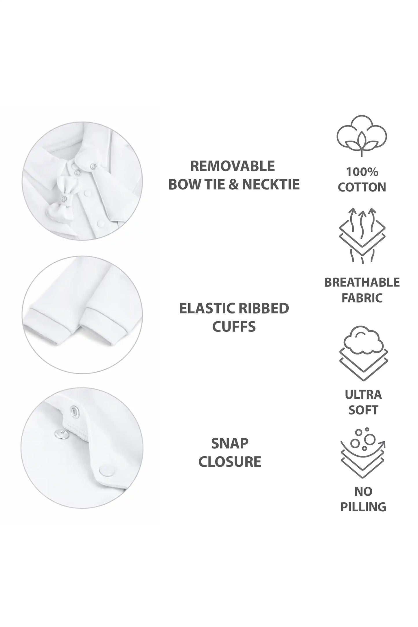Baby Boy Tuxedo Romper Suit | Bow Tie & Necktie | 100% Cotton Footed Coverall