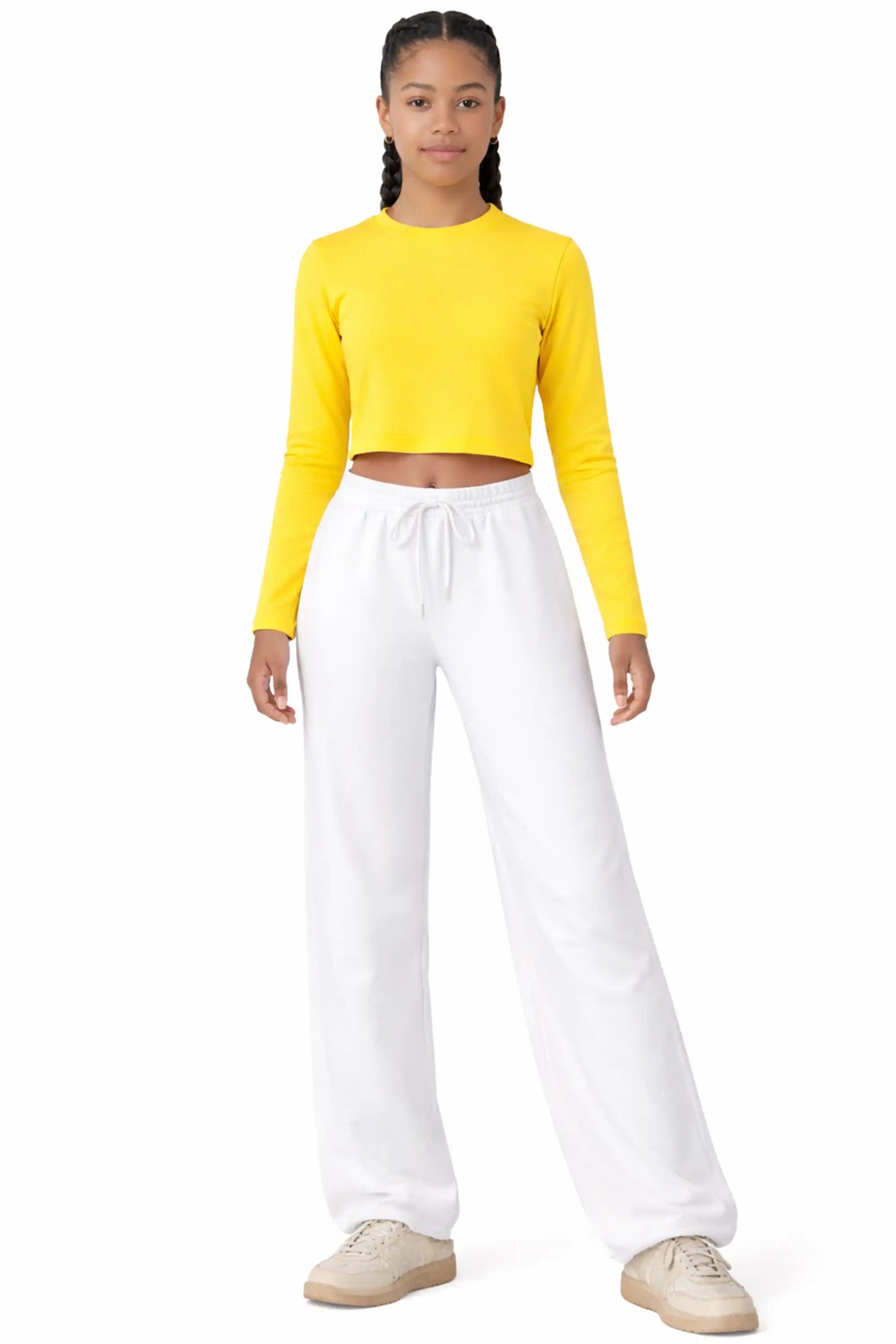 Girls' Long Sleeve Crop Top – Soft Cotton, 4-Way Stretch, Breathable Everyday Tee