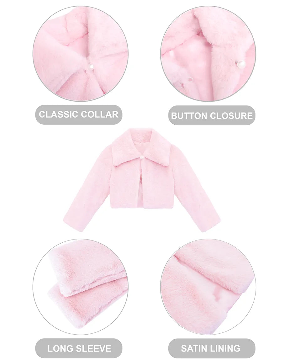 Girls Faux Fur Bolero Oversized Collar Jacket
