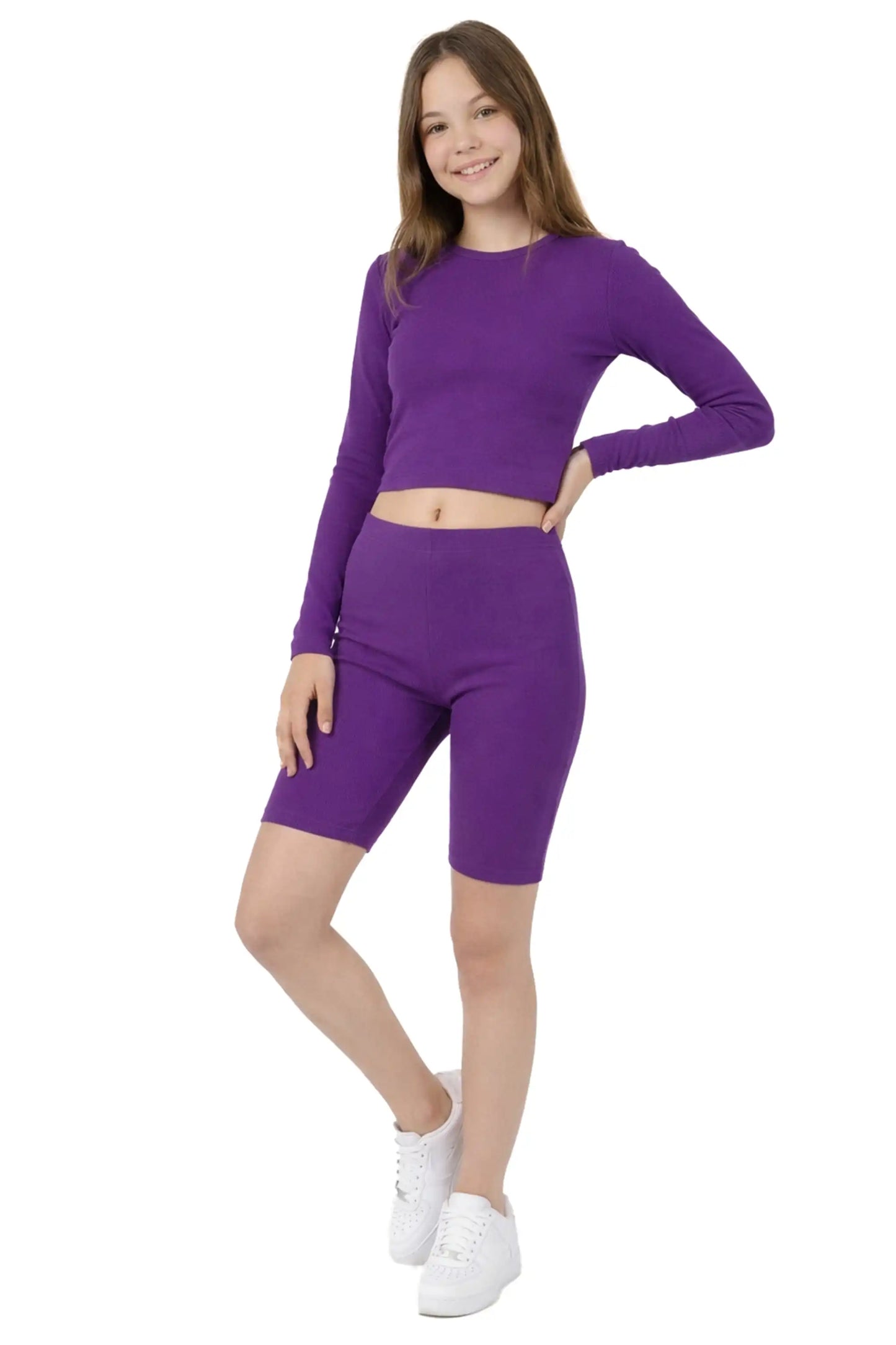 Girls' Long Sleeve Crop Top – Soft Cotton, 4-Way Stretch, Breathable Everyday Tee