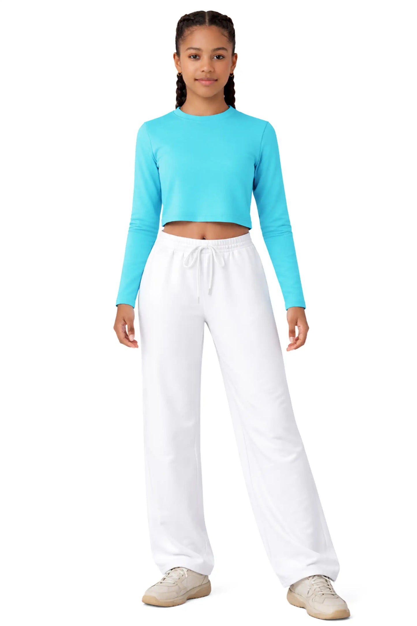 Girls' Long Sleeve Crop Top – Soft Cotton, 4-Way Stretch, Breathable Everyday Tee