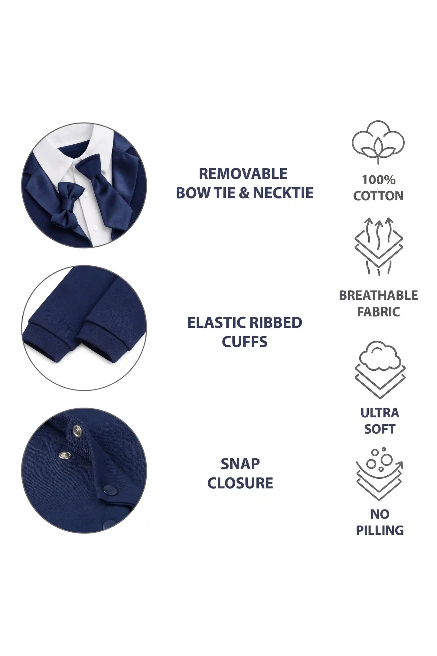 Baby Boy Tuxedo Romper Suit | Bow Tie & Necktie | 100% Cotton Footed Coverall