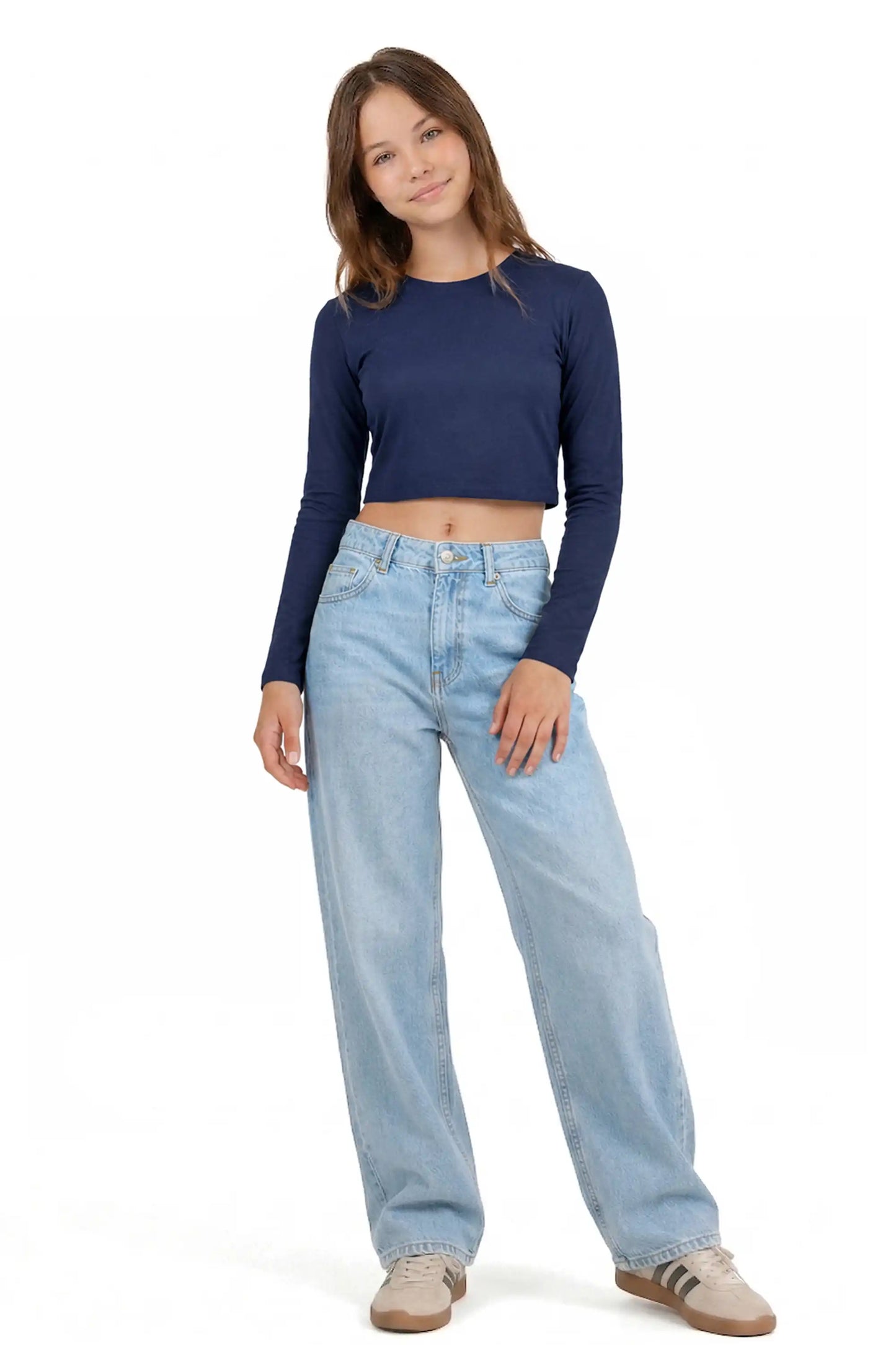 Girls' Long Sleeve Crop Top – Soft Cotton, 4-Way Stretch, Breathable Everyday Tee