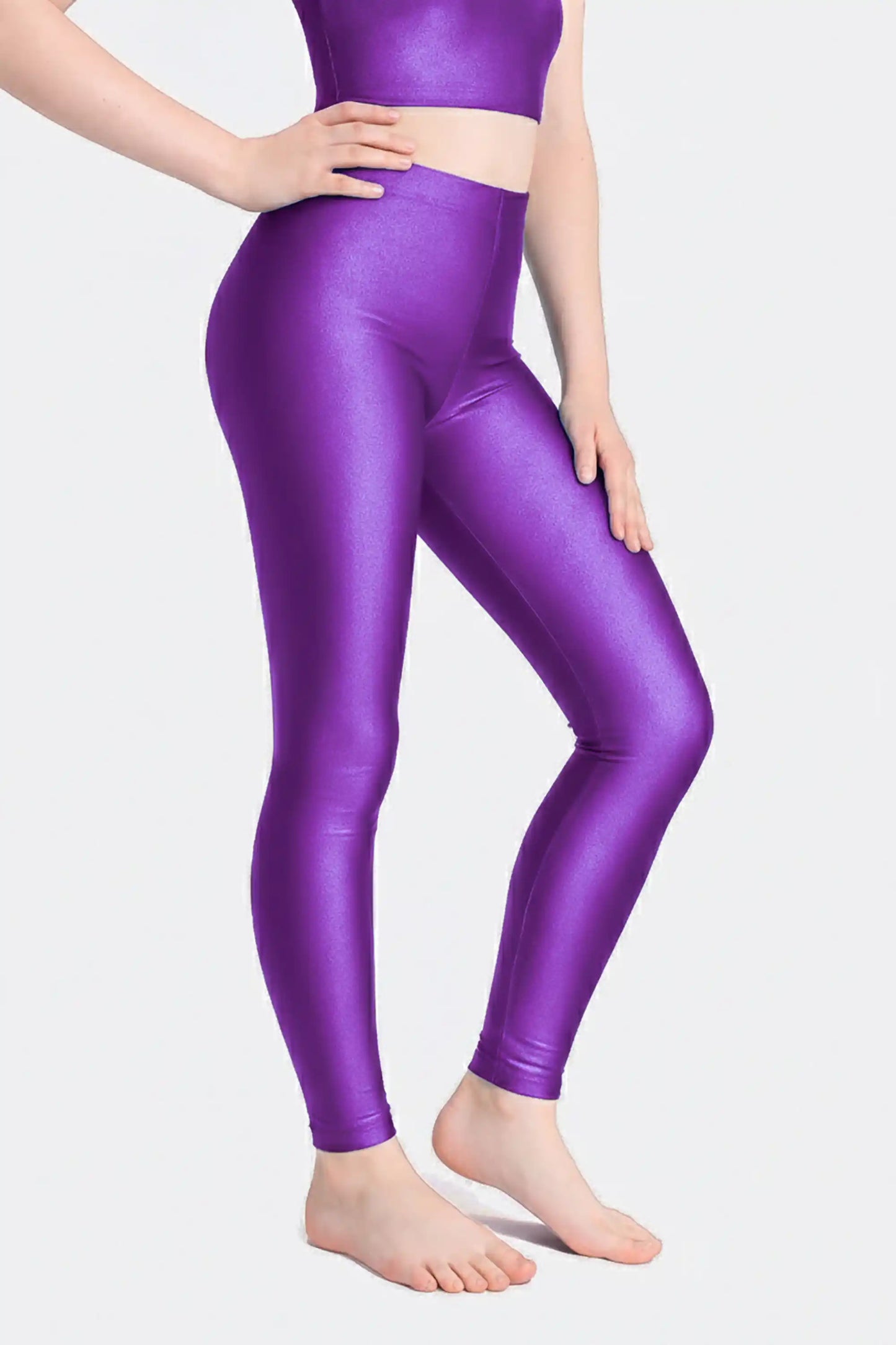 Girls Shiny High Waisted Leggings – Dance & Gymnastics Stretch Tights