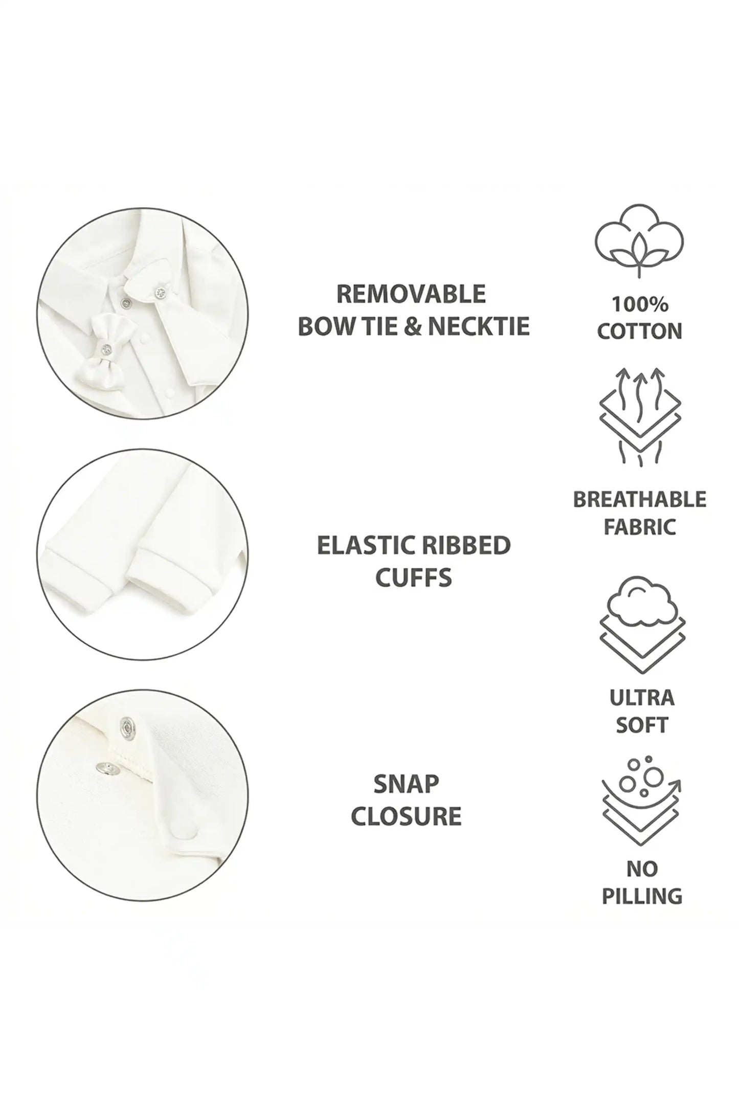 Baby Boy Tuxedo Romper Suit | Bow Tie & Necktie | 100% Cotton Footed Coverall