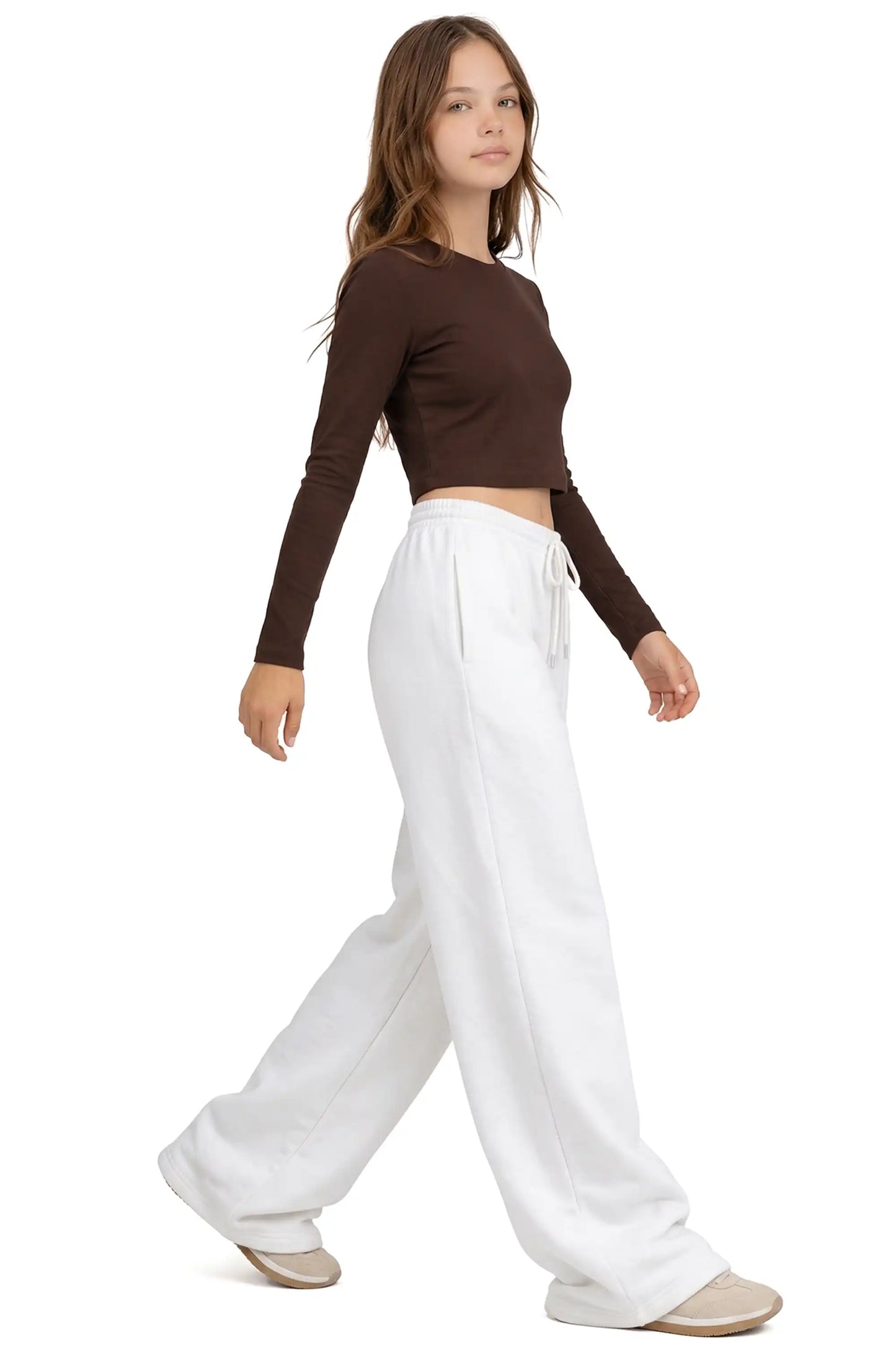 Girls' Long Sleeve Crop Top – Soft Cotton, 4-Way Stretch, Breathable Everyday Tee