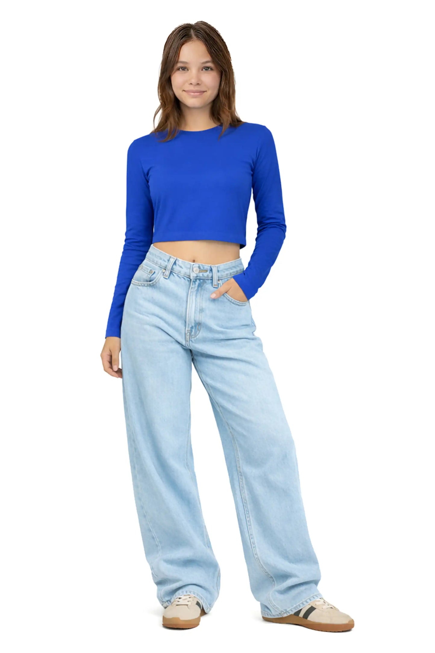 Girls' Long Sleeve Crop Top – Soft Cotton, 4-Way Stretch, Breathable Everyday Tee