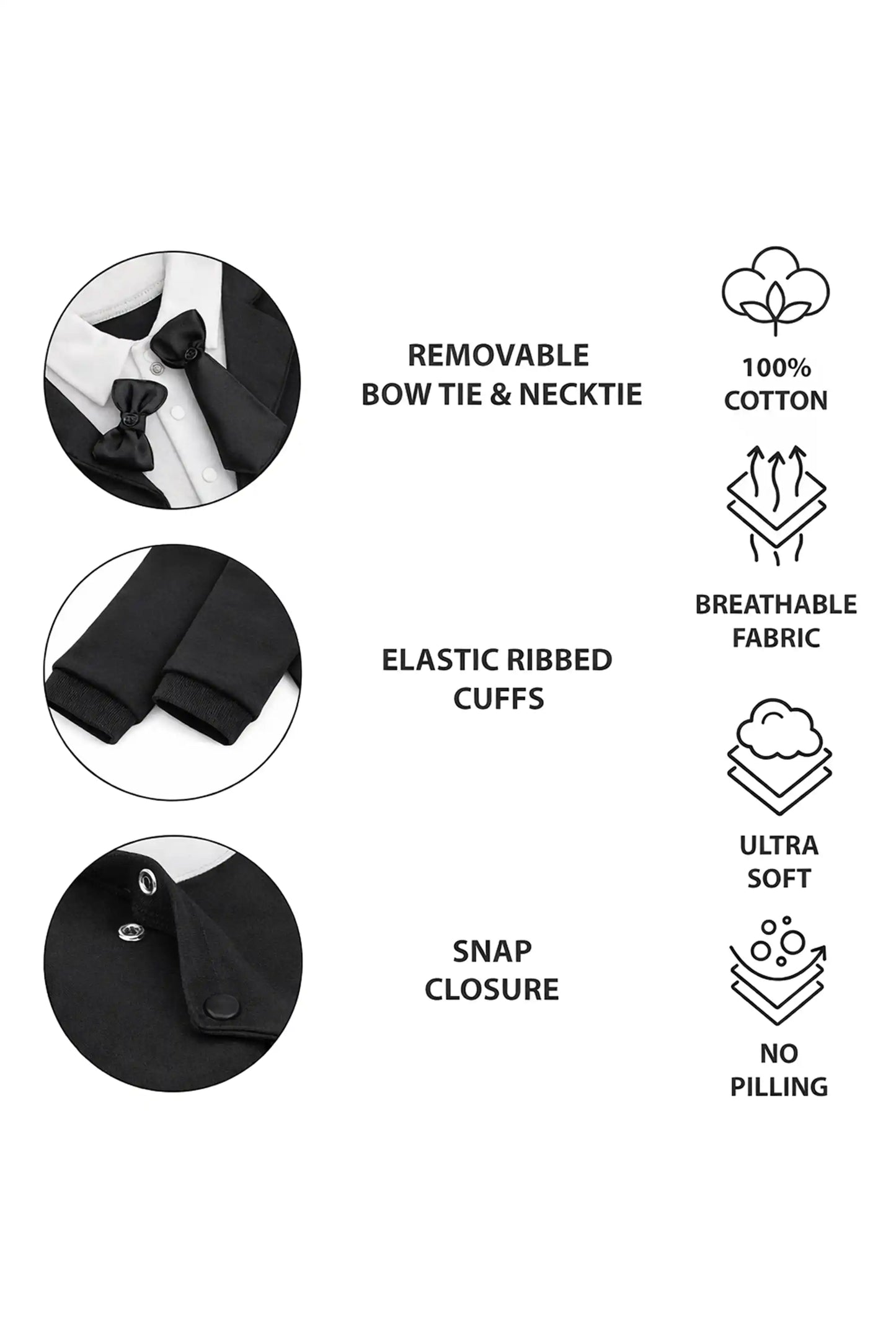 Baby Boy Tuxedo Romper Suit | Bow Tie & Necktie | 100% Cotton Footed Coverall