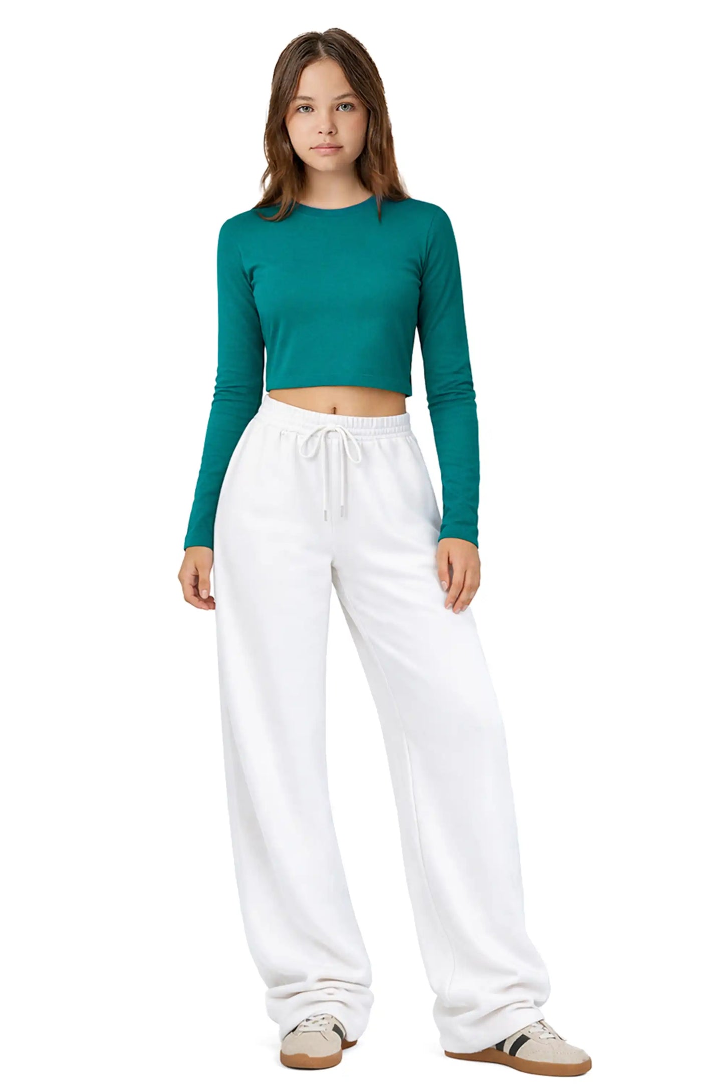 Girls' Long Sleeve Crop Top – Soft Cotton, 4-Way Stretch, Breathable Everyday Tee