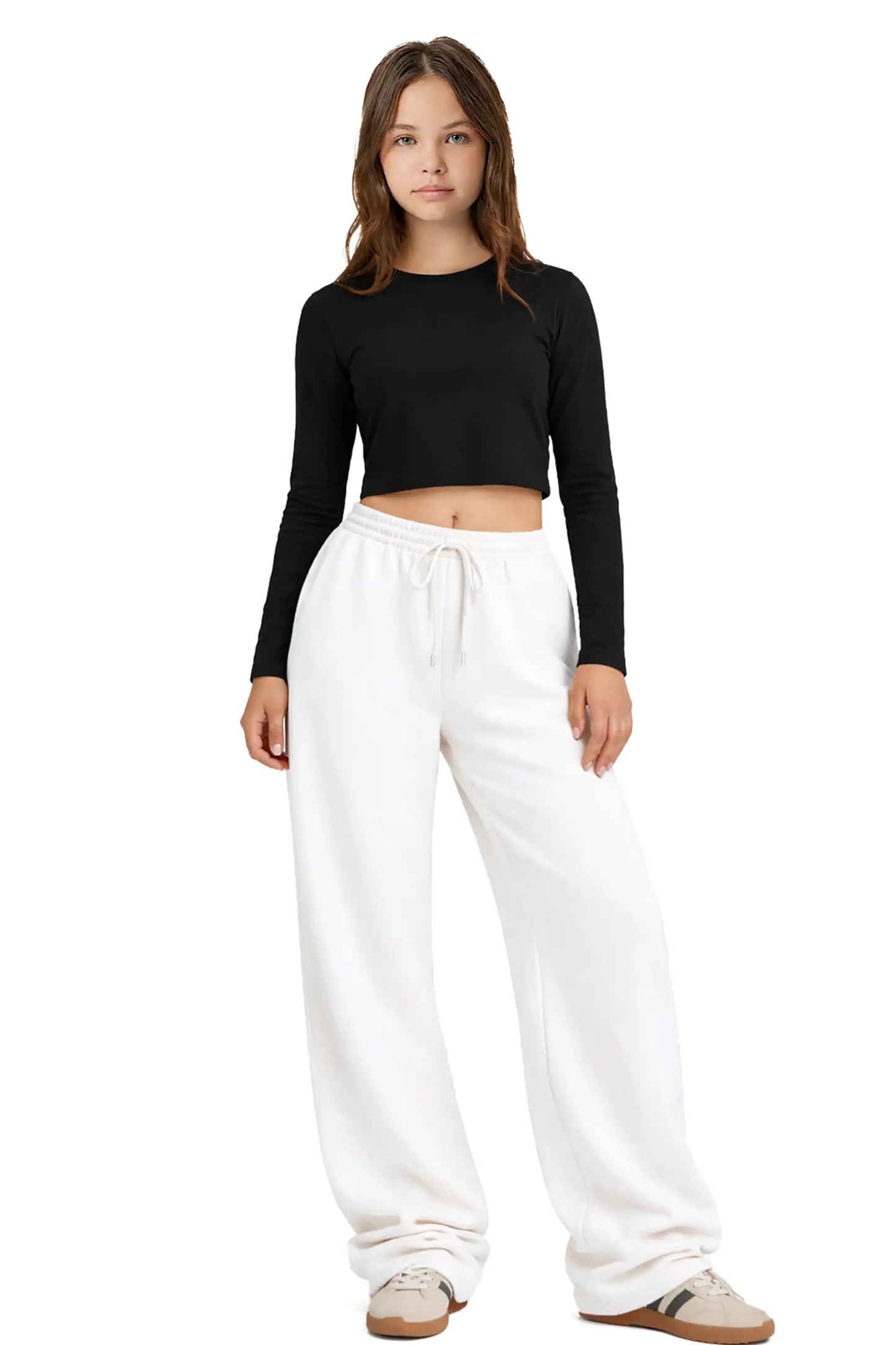 Girls' Long Sleeve Crop Top – Soft Cotton, 4-Way Stretch, Breathable Everyday Tee