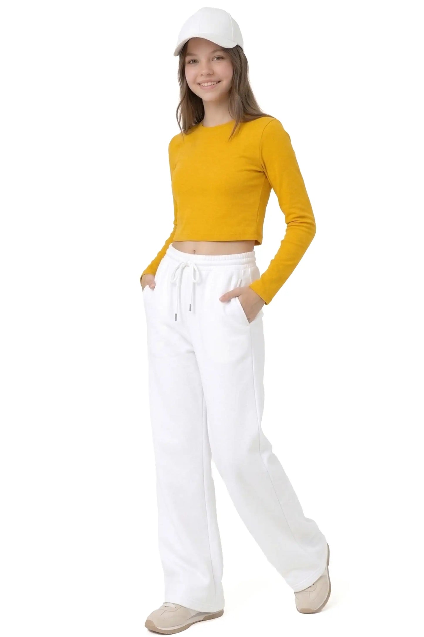 Girls' Long Sleeve Crop Top – Soft Cotton, 4-Way Stretch, Breathable Everyday Tee
