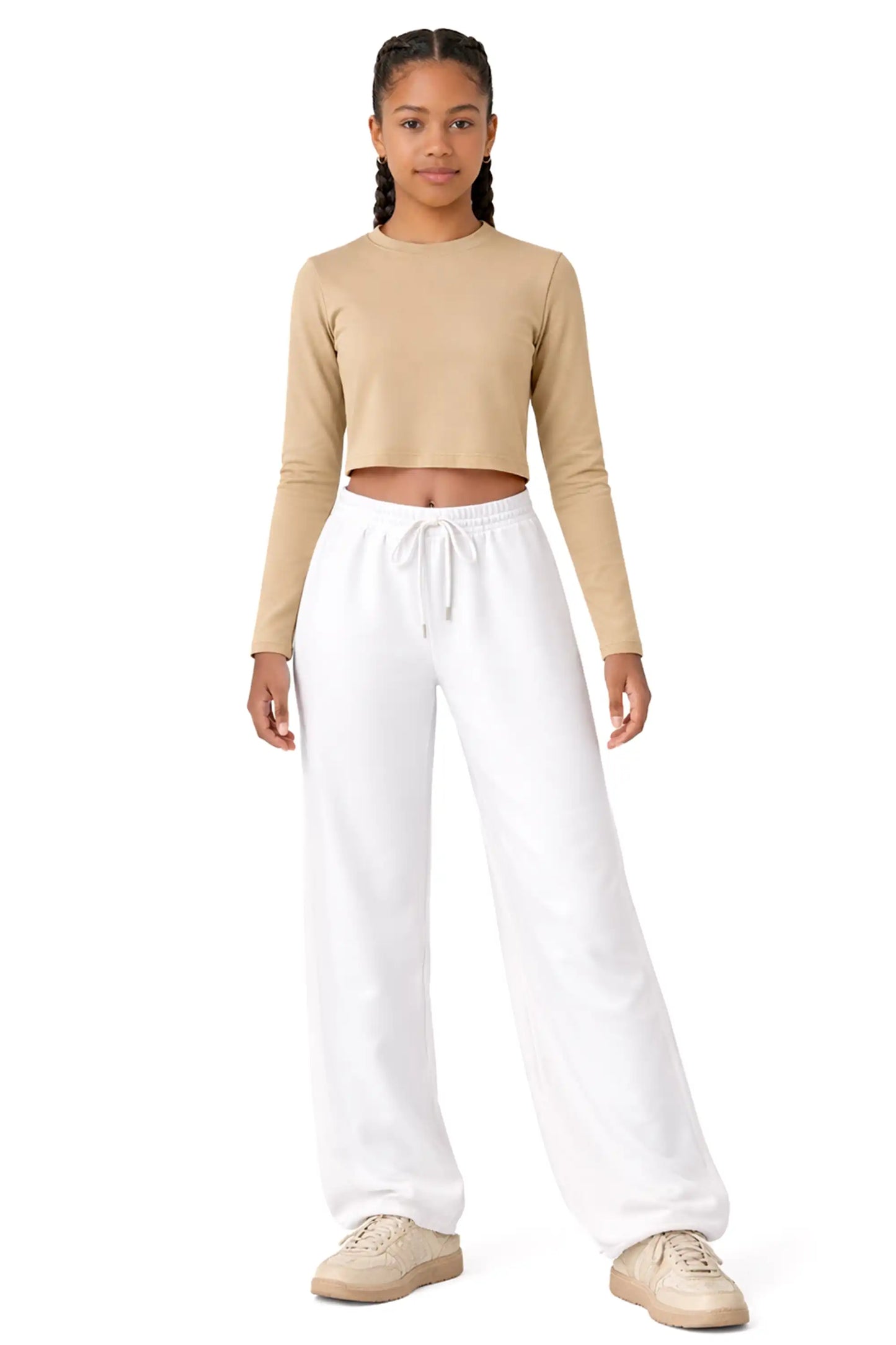 Girls' Long Sleeve Crop Top – Soft Cotton, 4-Way Stretch, Breathable Everyday Tee