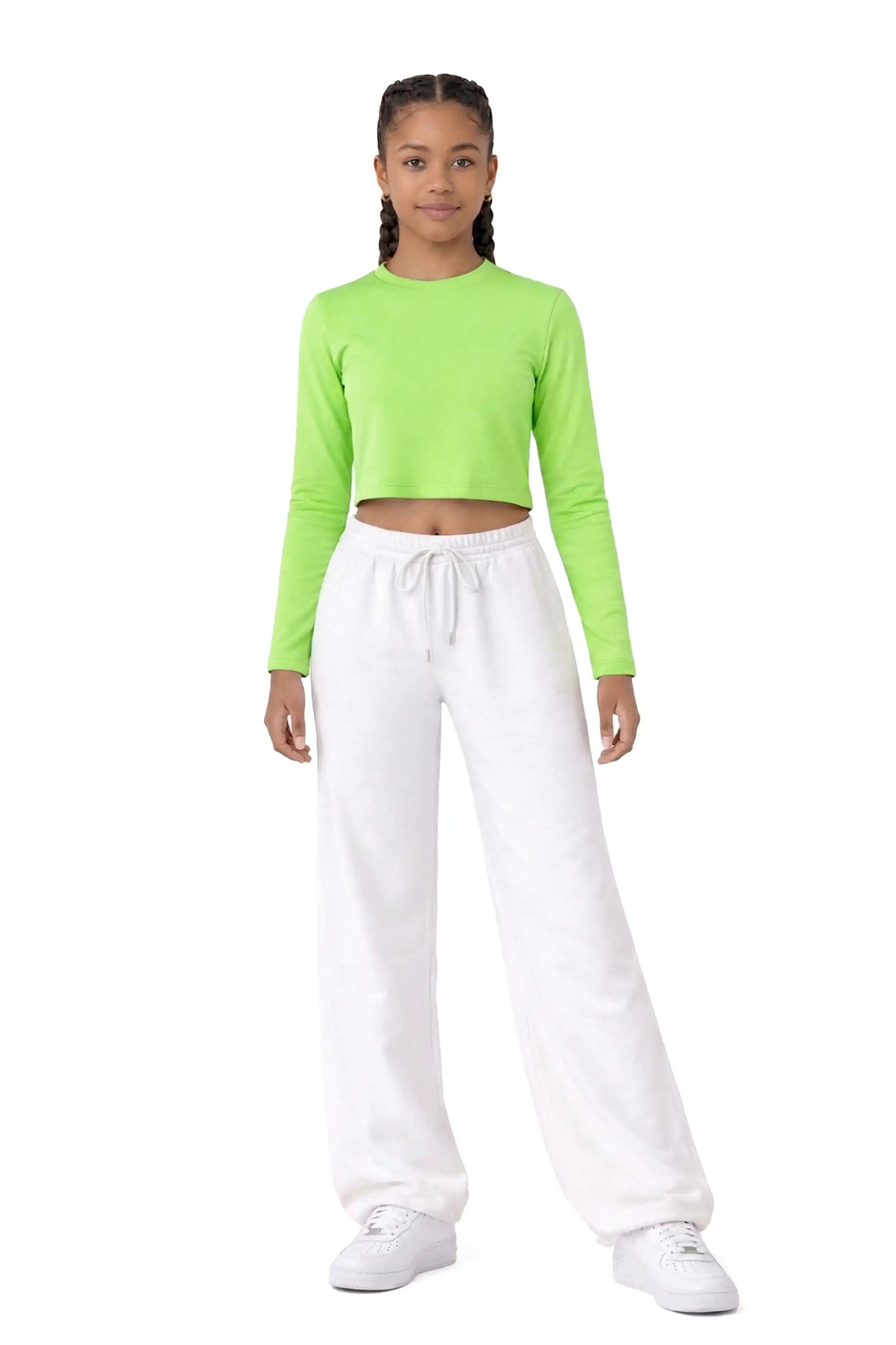 Girls' Long Sleeve Crop Top – Soft Cotton, 4-Way Stretch, Breathable Everyday Tee