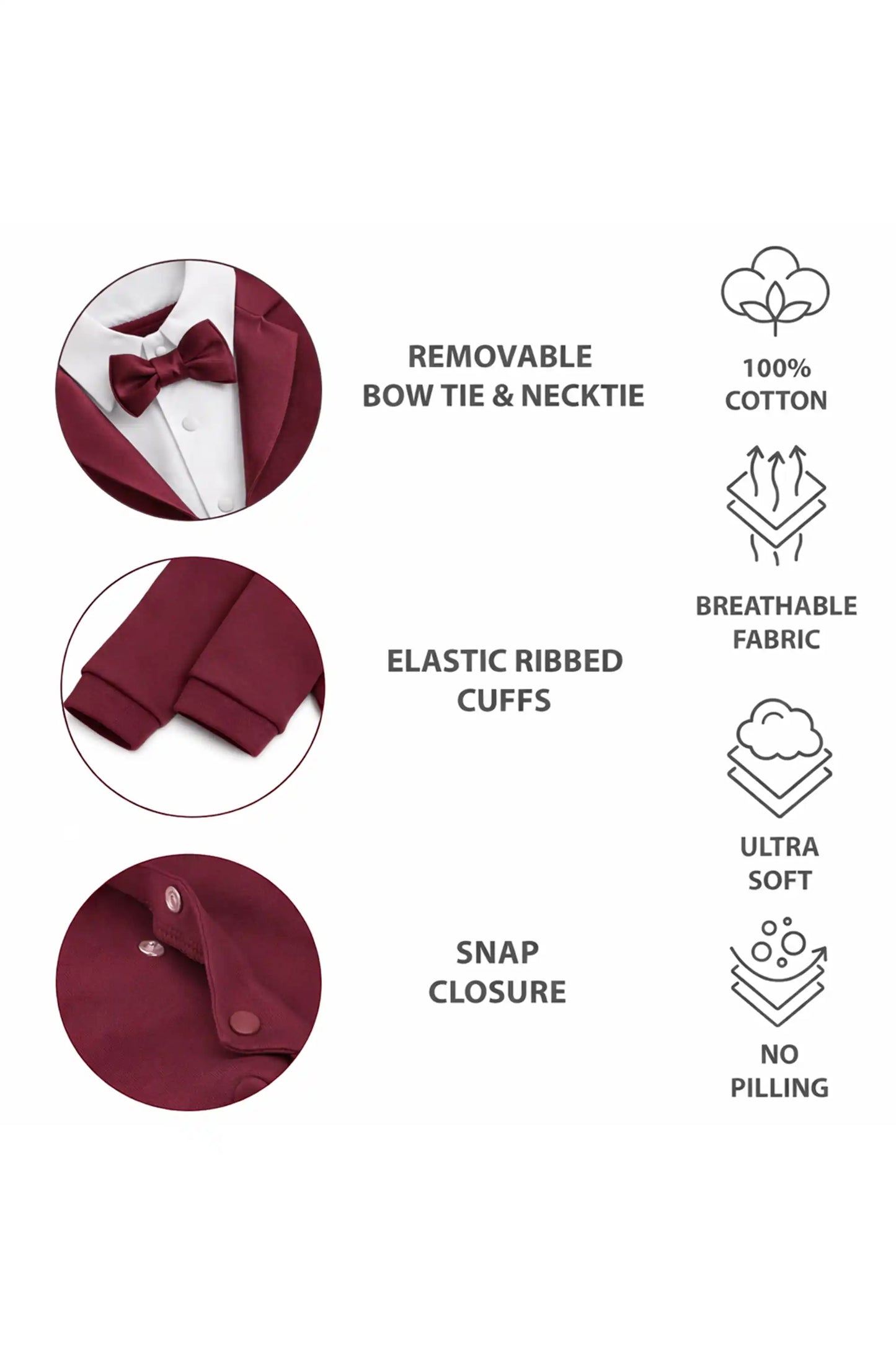 Baby Boy Tuxedo Romper Suit | Bow Tie & Necktie | 100% Cotton Footed Coverall