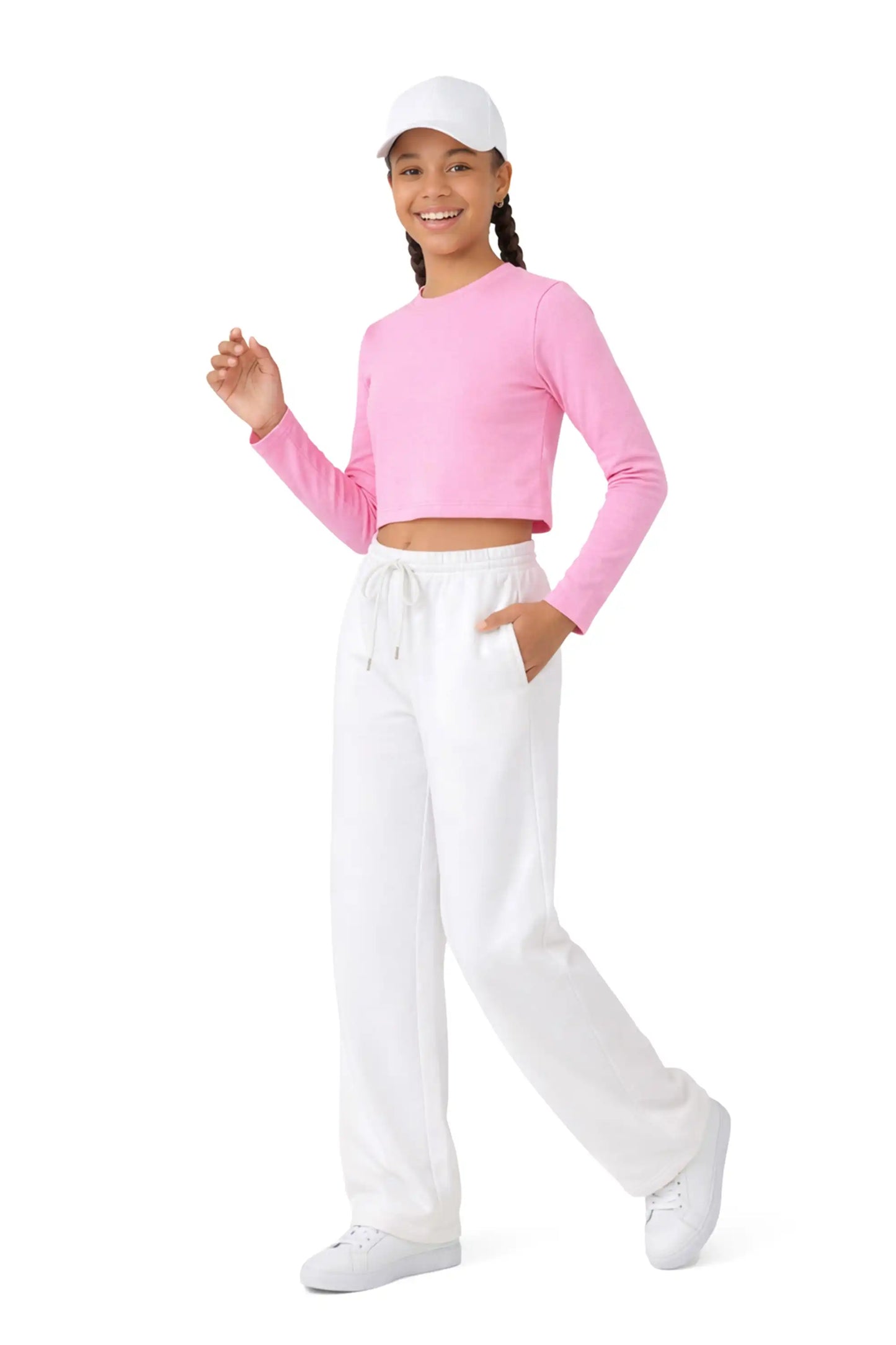 Girls' Long Sleeve Crop Top – Soft Cotton, 4-Way Stretch, Breathable Everyday Tee