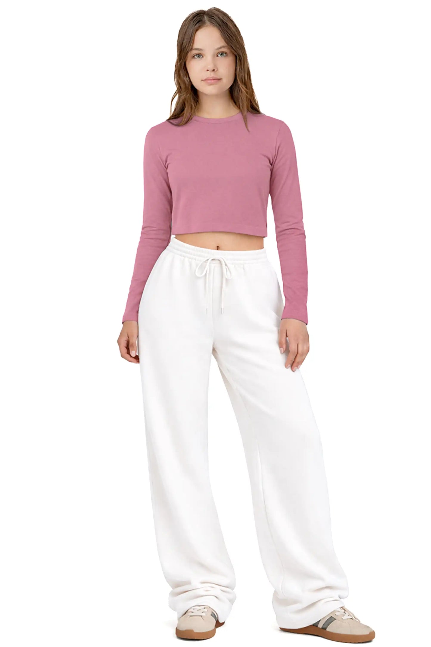 Girls' Long Sleeve Crop Top – Soft Cotton, 4-Way Stretch, Breathable Everyday Tee